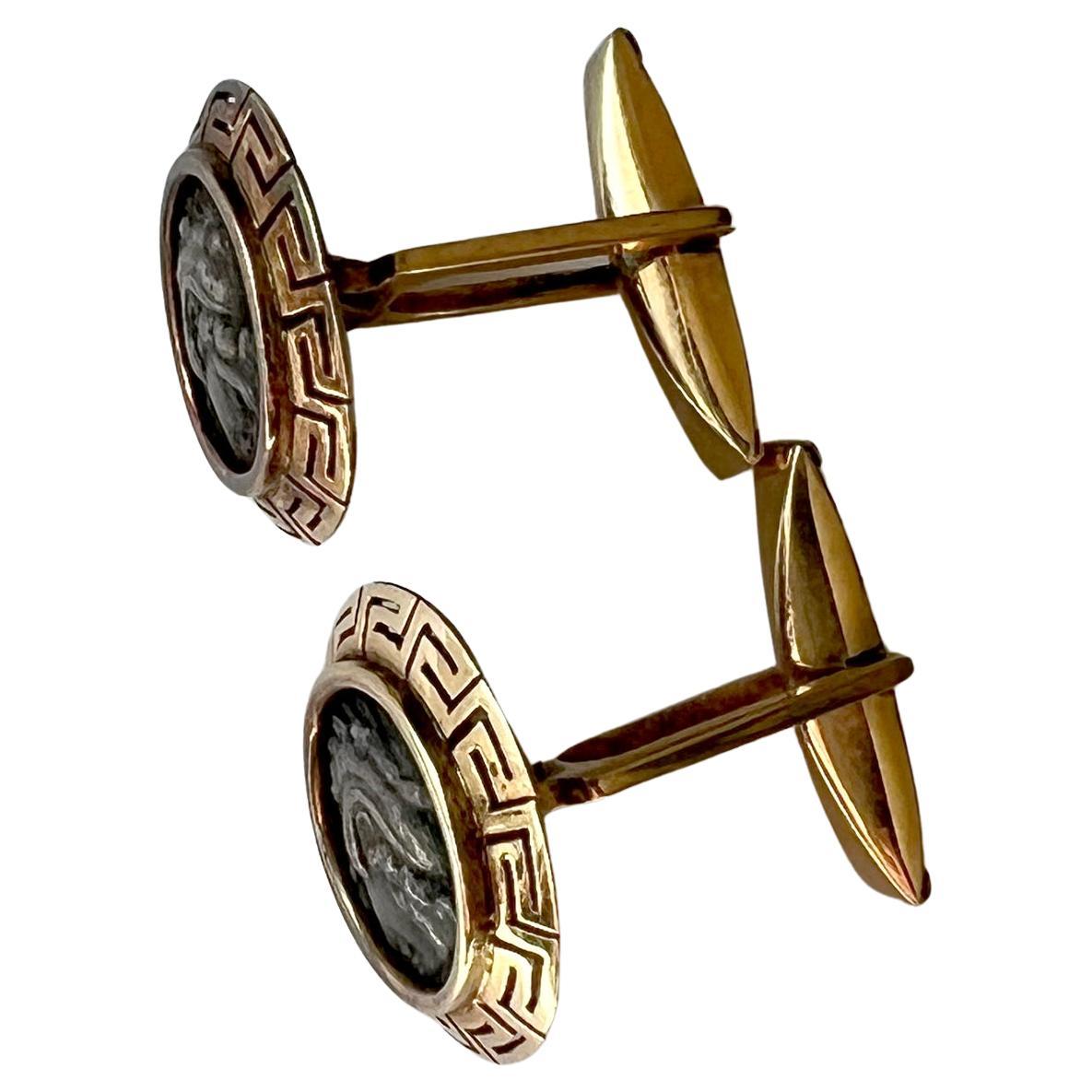 Greco Roman 18K Gold with Ancient Alexander the Great Silver Dracma Cufflinks In Good Condition For Sale In Palm Springs, CA