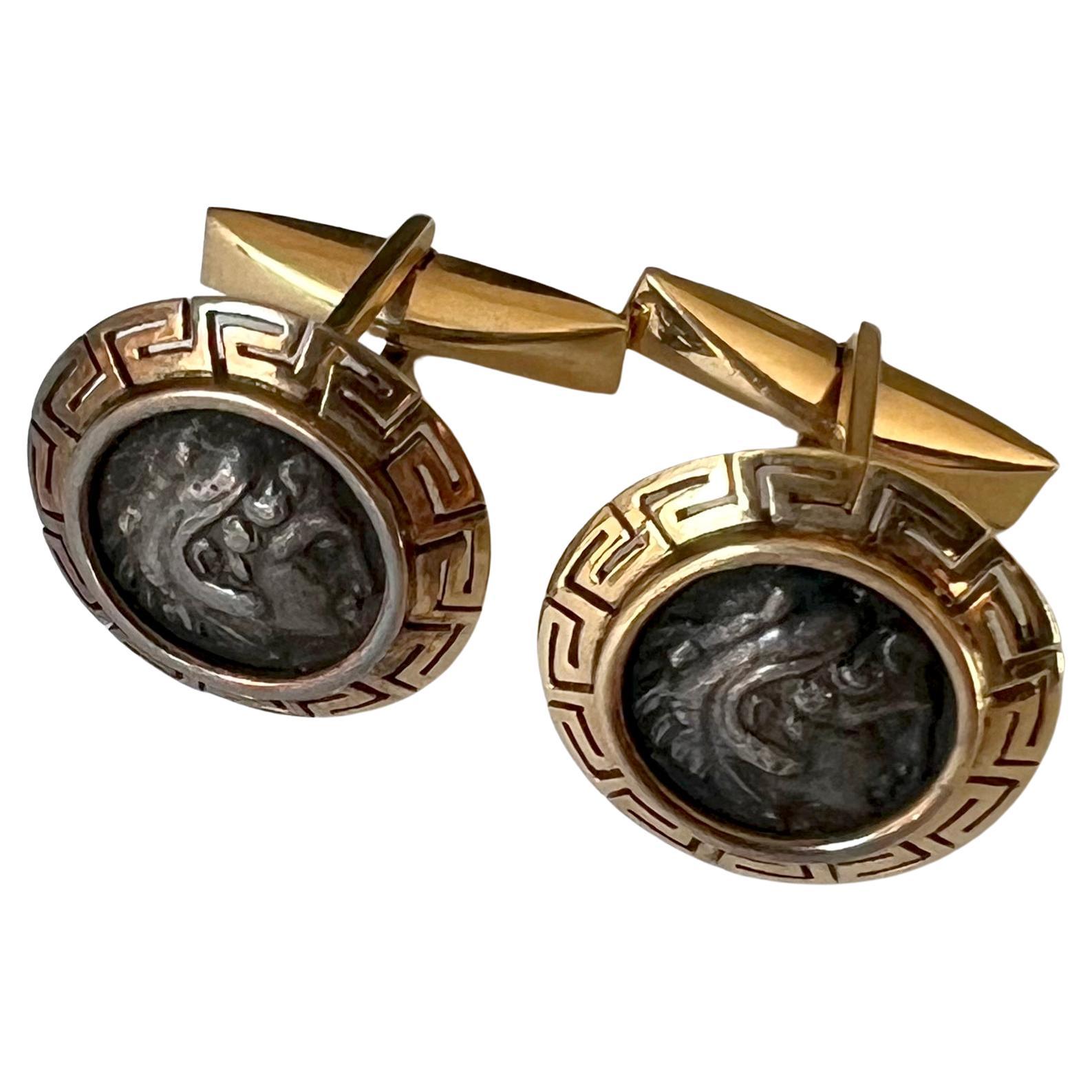 Women's or Men's Greco Roman 18K Gold with Ancient Alexander the Great Silver Dracma Cufflinks For Sale