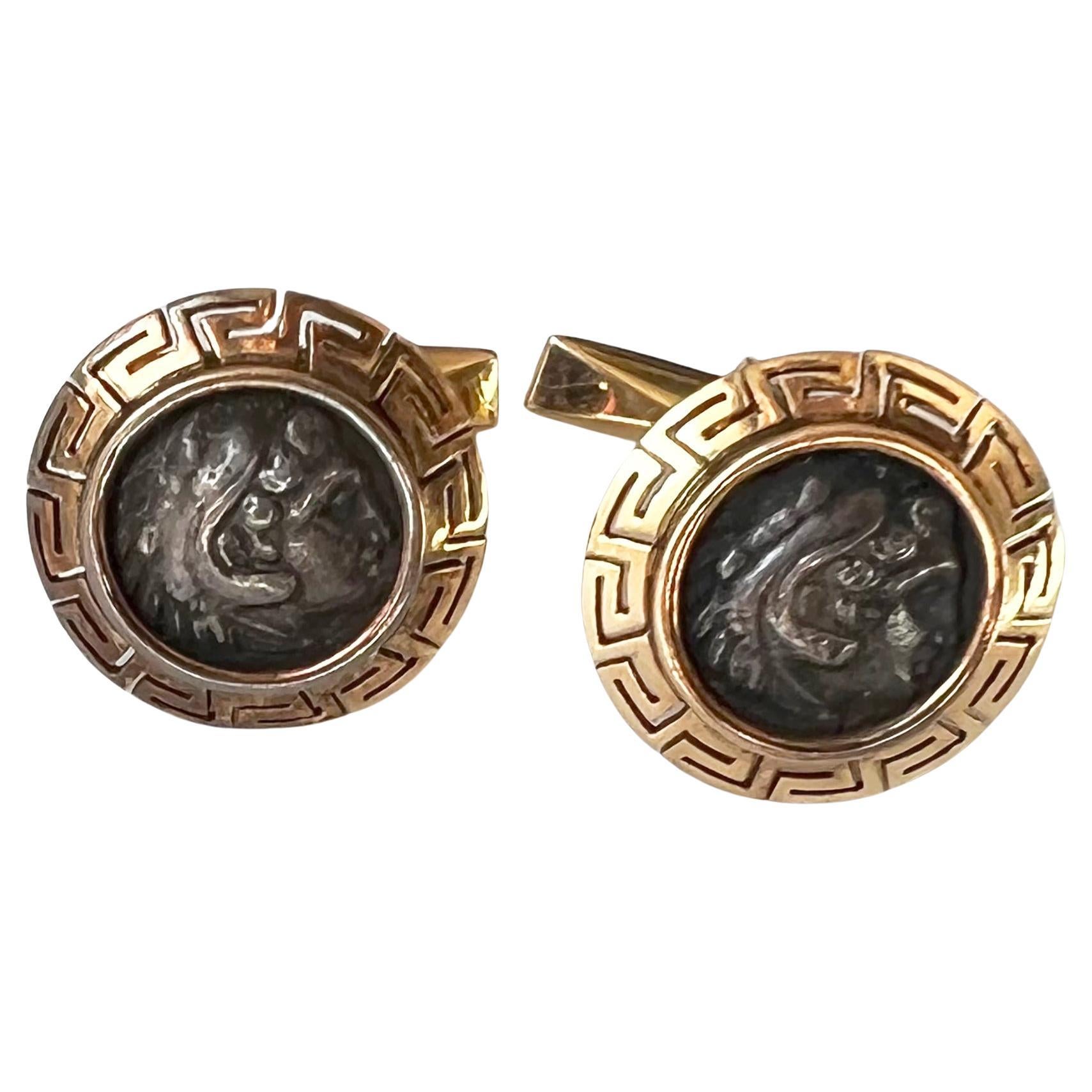 Greco Roman 18K Gold with Ancient Alexander the Great Silver Dracma Cufflinks For Sale