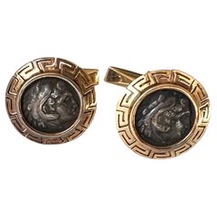 Greco Roman 18K Gold with Ancient Alexander the Great Silver Dracma Cufflinks