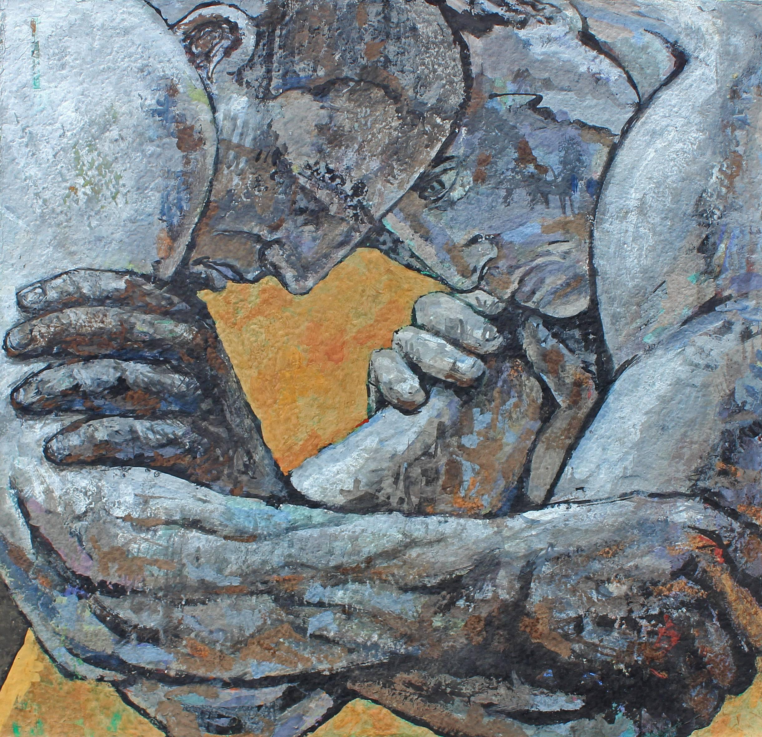 Late 20th century modernist oil painting of Greco Roman wrestlers done in the classical style. By David Loeb. Oil on handmade paper. Signed on reverse and dated 1989.
 Loeb was born in 1953 and raised in Chappaqua, New York, David Loeb’s mother and