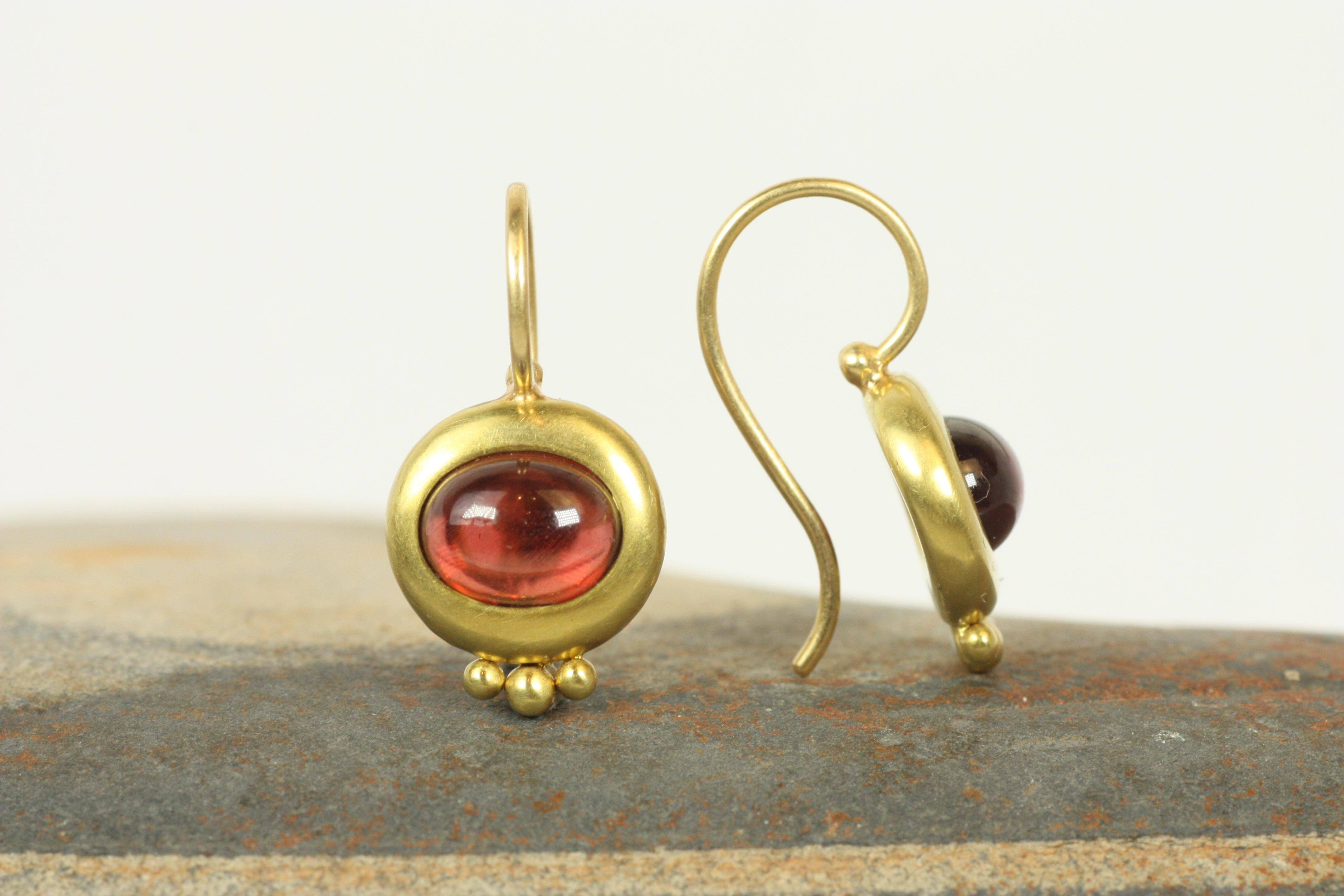 Artisan Greco Roman Drop Earrings – Garnet in 20K California Gold, Oval Cabochon Cut For Sale