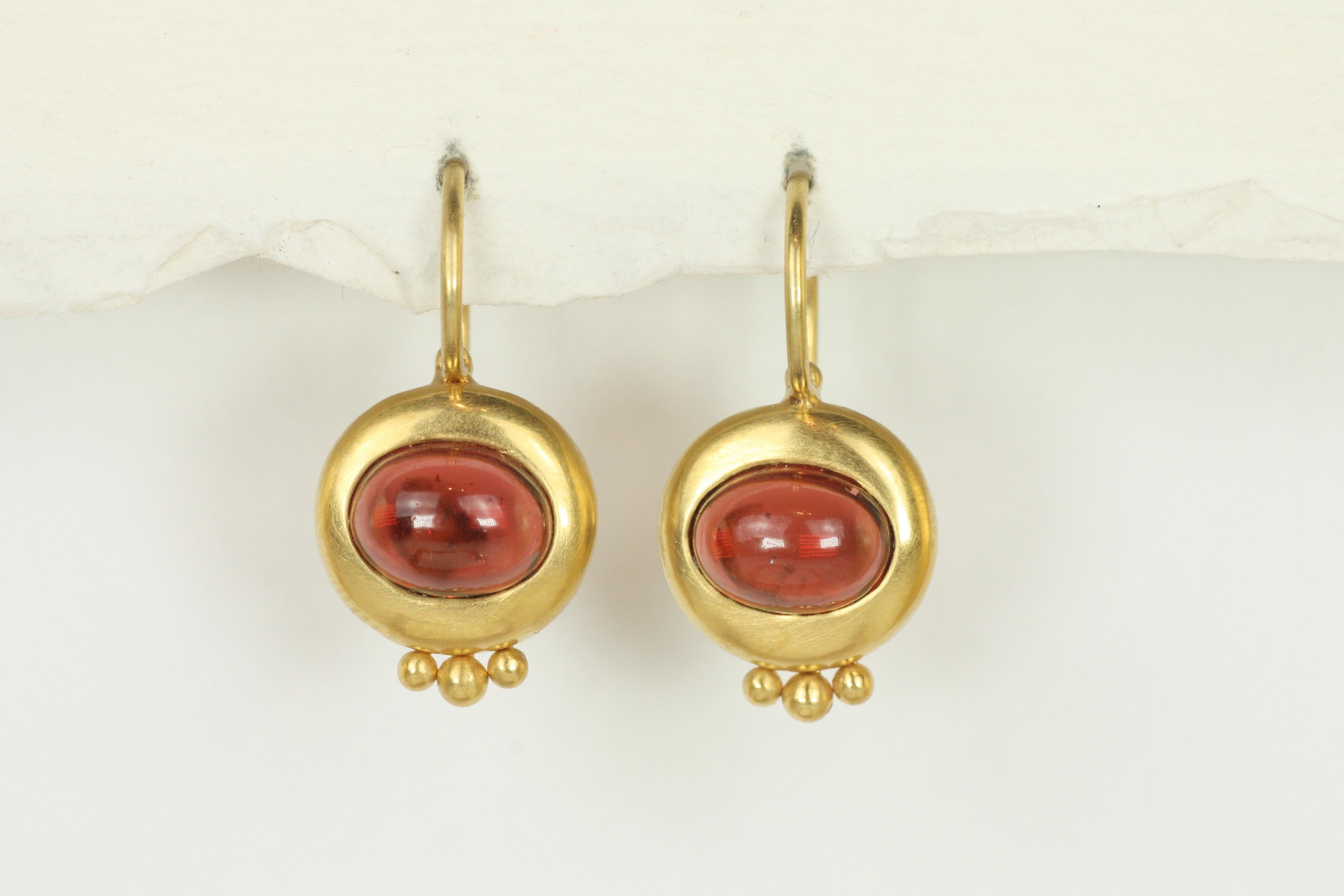 Women's Greco Roman Drop Earrings – Garnet in 20K California Gold, Oval Cabochon Cut For Sale