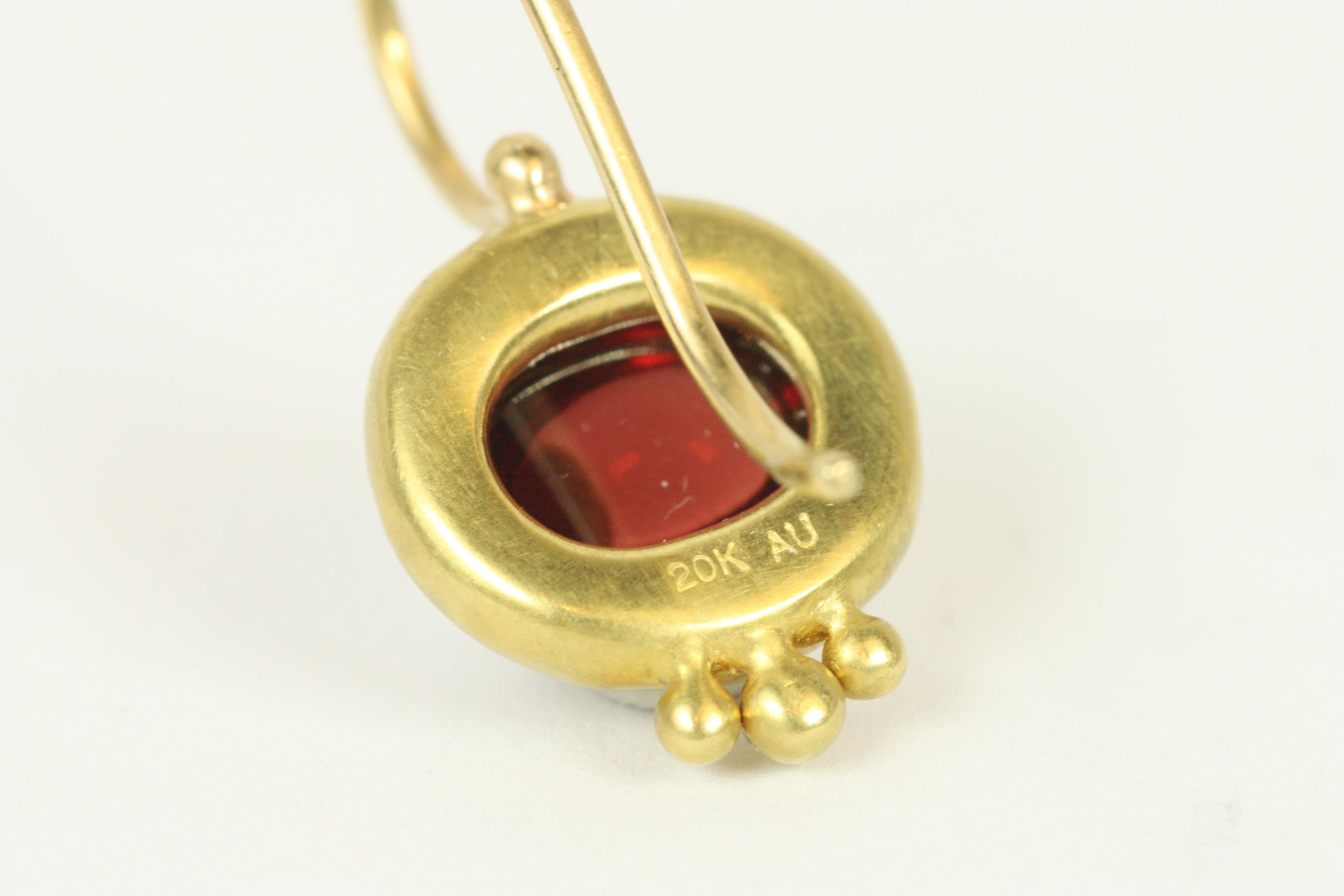 Greco Roman Drop Earrings – Garnet in 20K California Gold, Oval Cabochon Cut For Sale 1