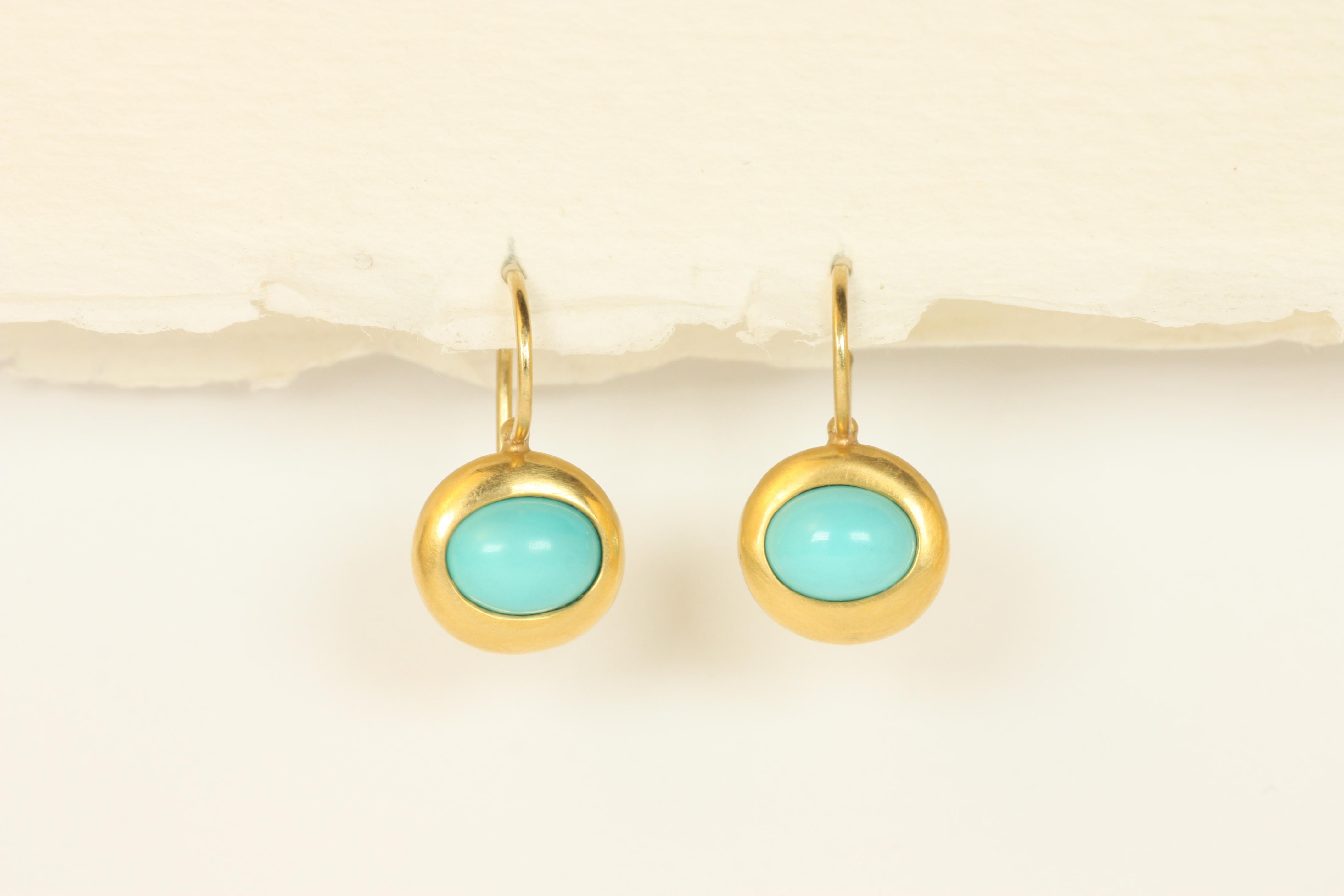 Artisan Greco Roman Drop Earrings with Oval Cabochon Turquoise in 22K Yellow Gold For Sale