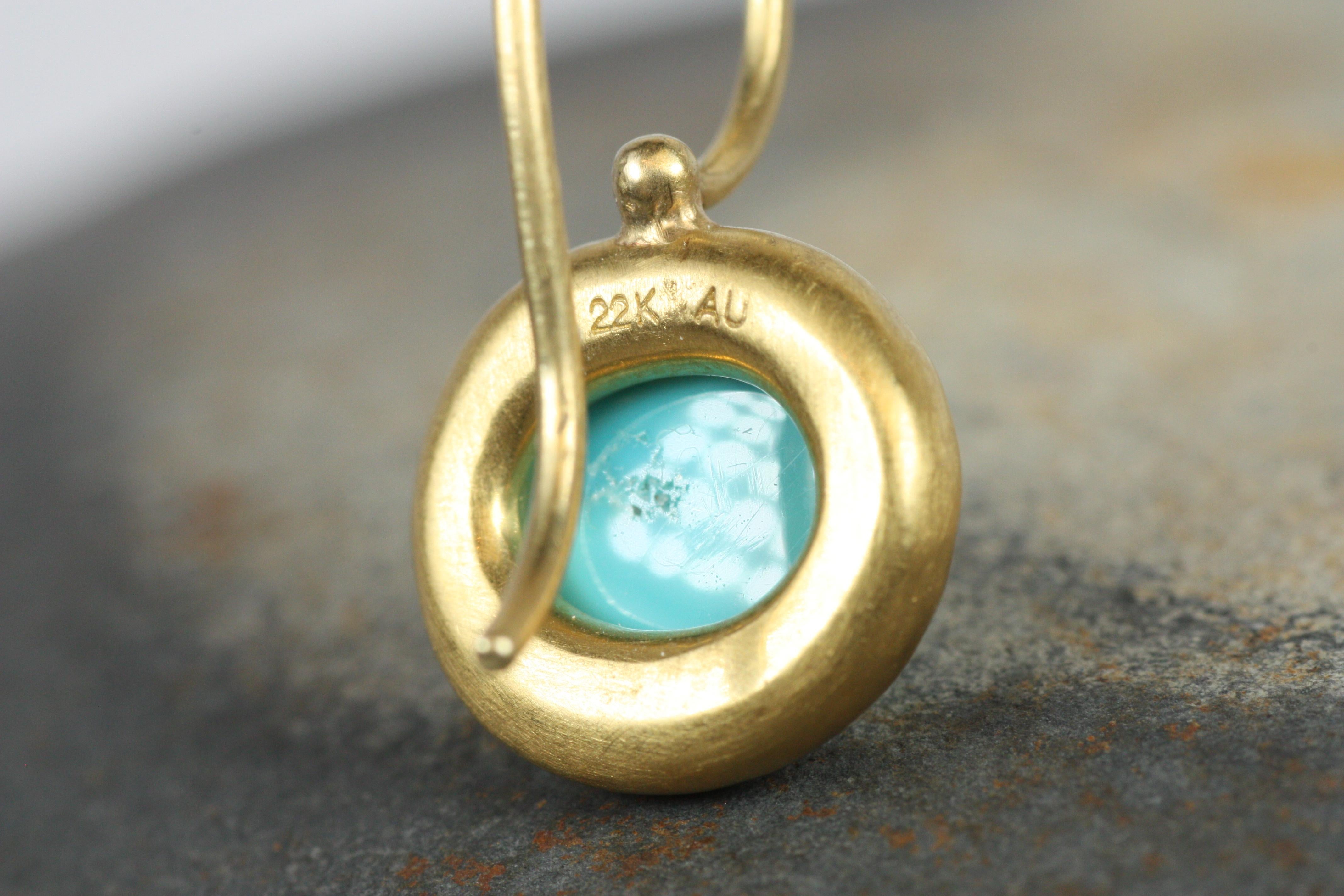 Women's Greco Roman Drop Earrings with Oval Cabochon Turquoise in 22K Yellow Gold For Sale
