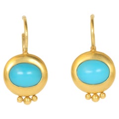 Greco Roman Drop Earrings with Oval Cabochon Turquoise in 22K Yellow Gold