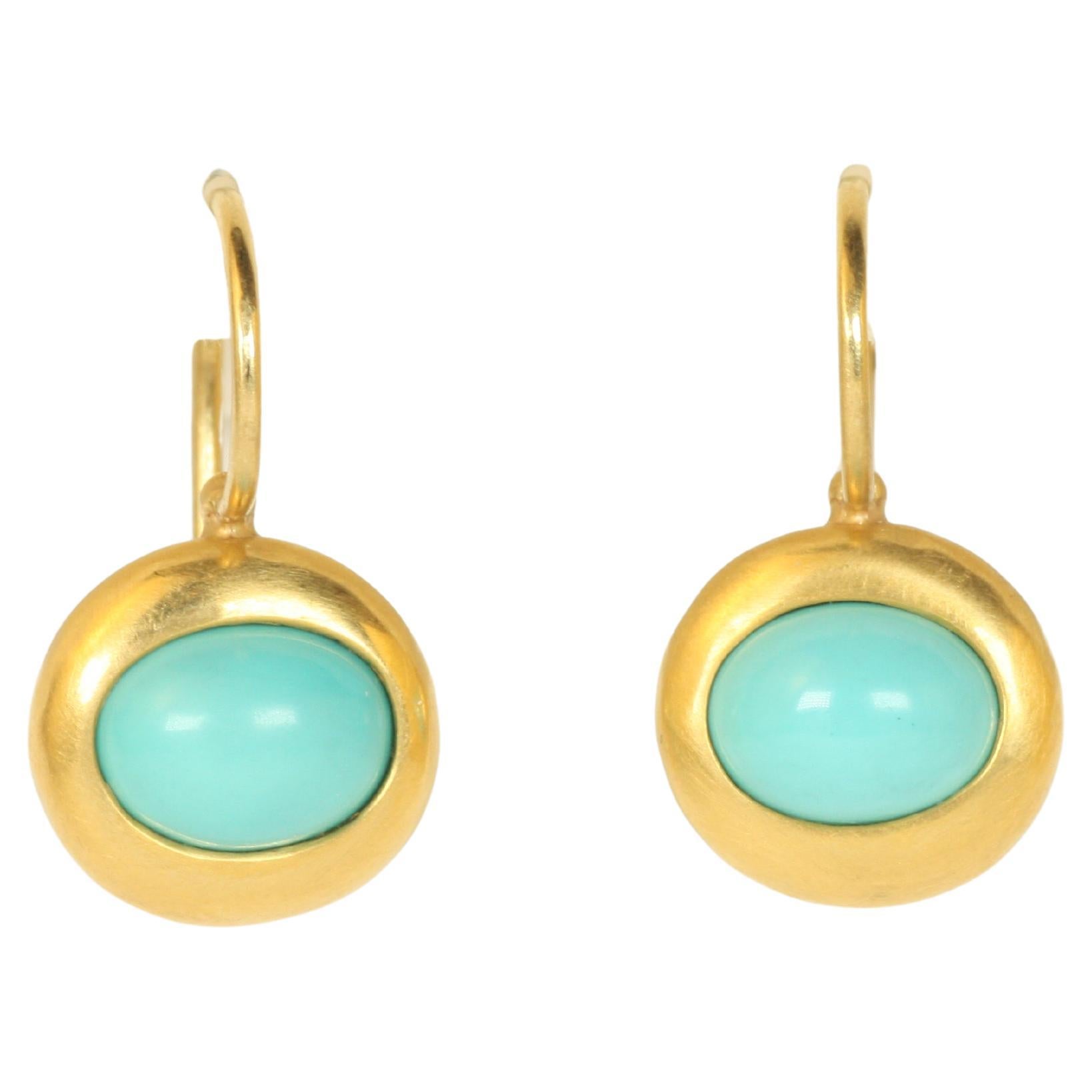 Greco Roman Drop Earrings with Oval Cabochon Turquoise in 22K Yellow Gold
