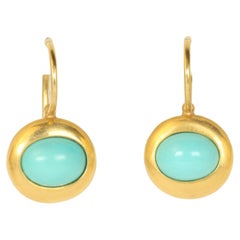 Greco Roman Drop Earrings with Oval Cabochon Turquoise in 22K Yellow Gold