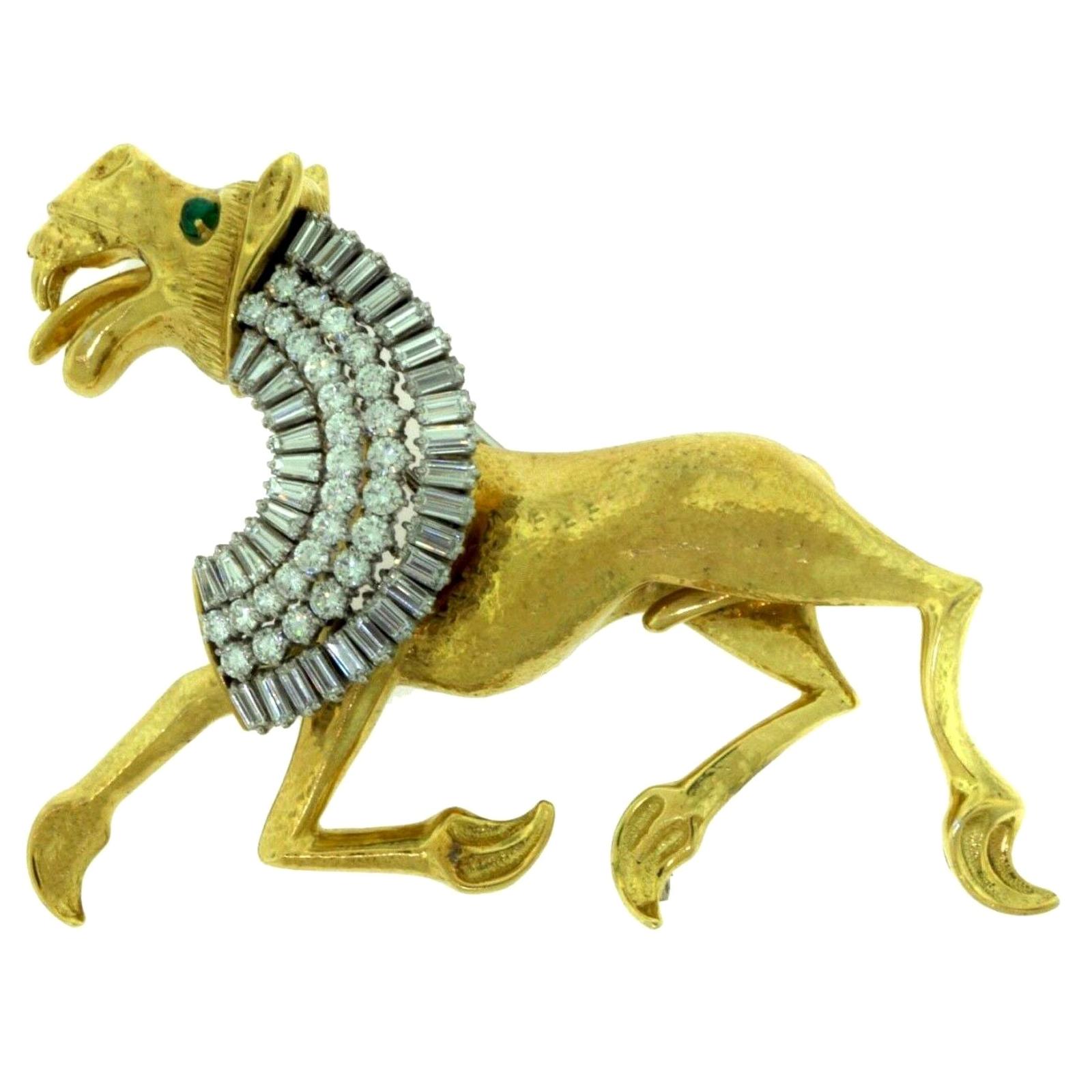 Greco-Roman Griffin Brooch Pin with Diamonds and Emeralds in Yellow Gold