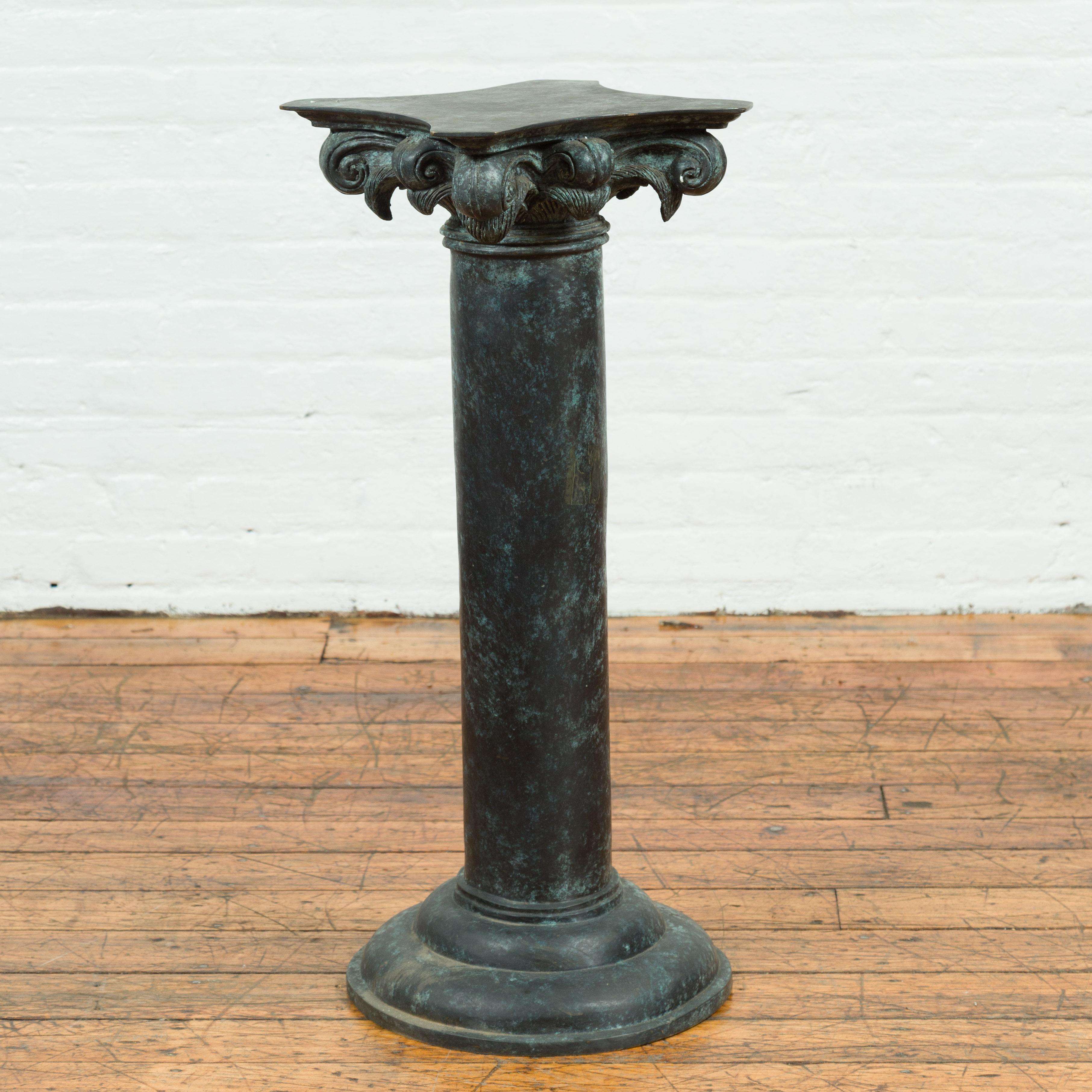 Greco Roman Inspired Vintage Bronze Pedestal Base with Composite Style Capital For Sale 4