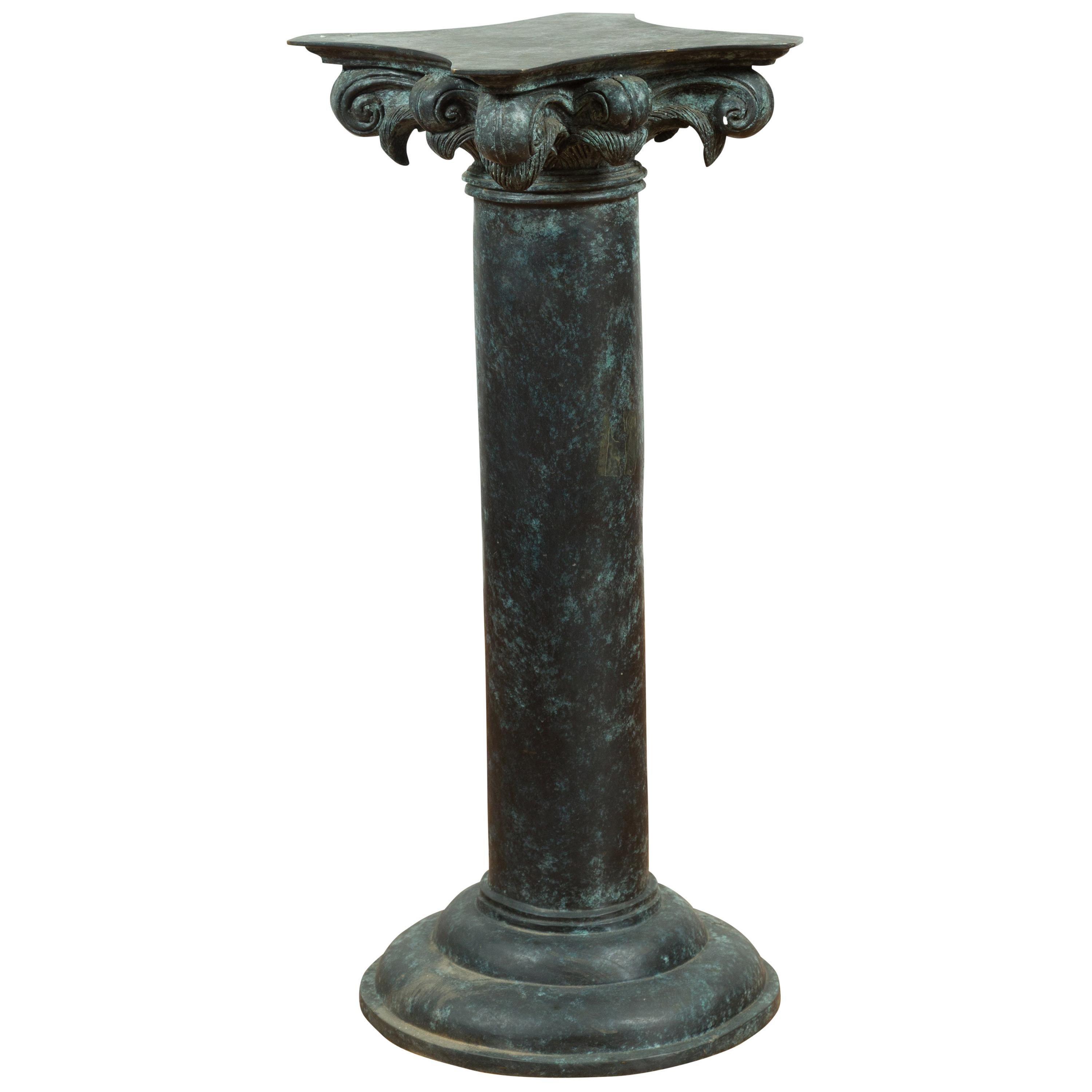 Greco Roman Inspired Vintage Bronze Pedestal Base with Composite Style Capital For Sale