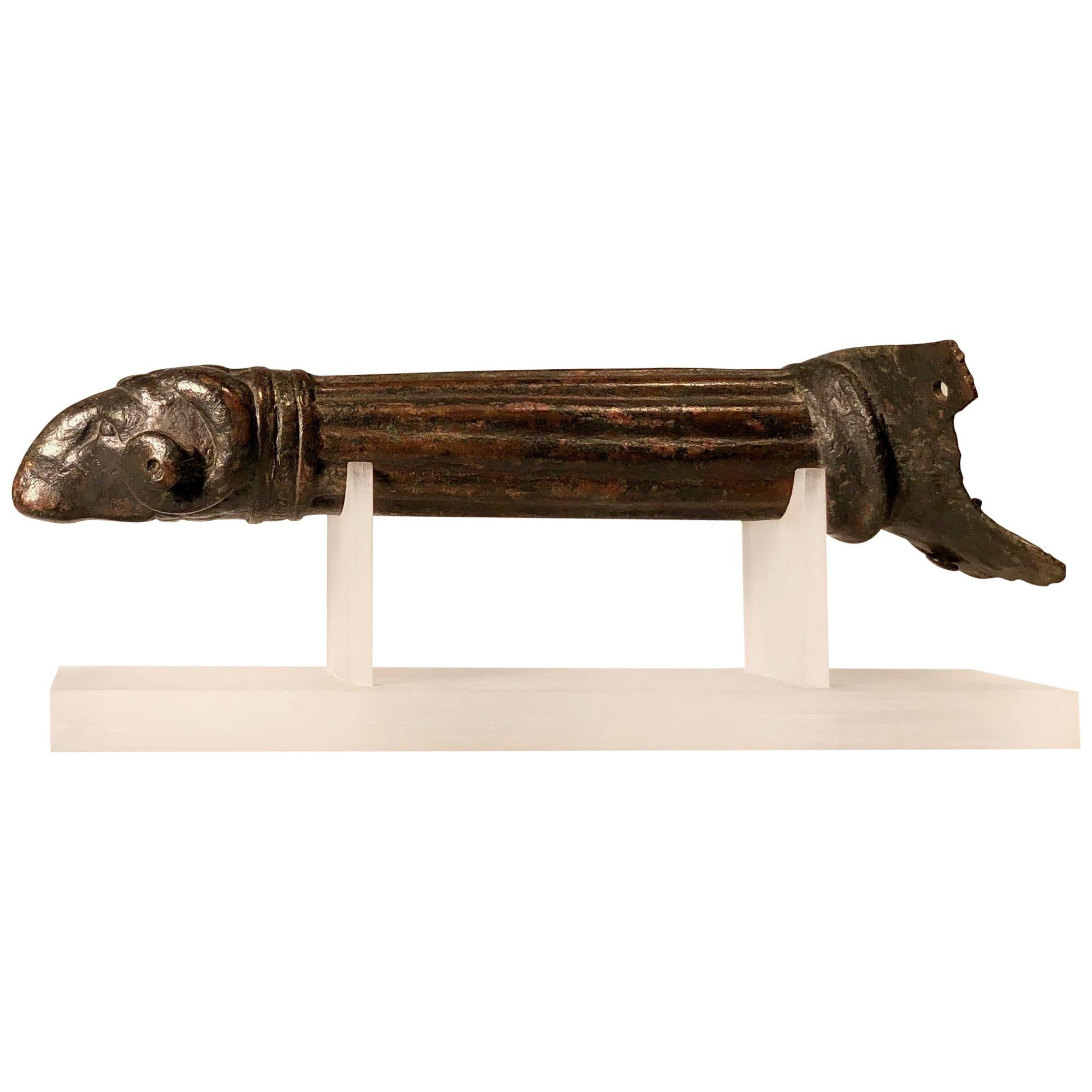 Greco-Roman Period Bronze Patera Handle Ending in a Ram’s Head For Sale