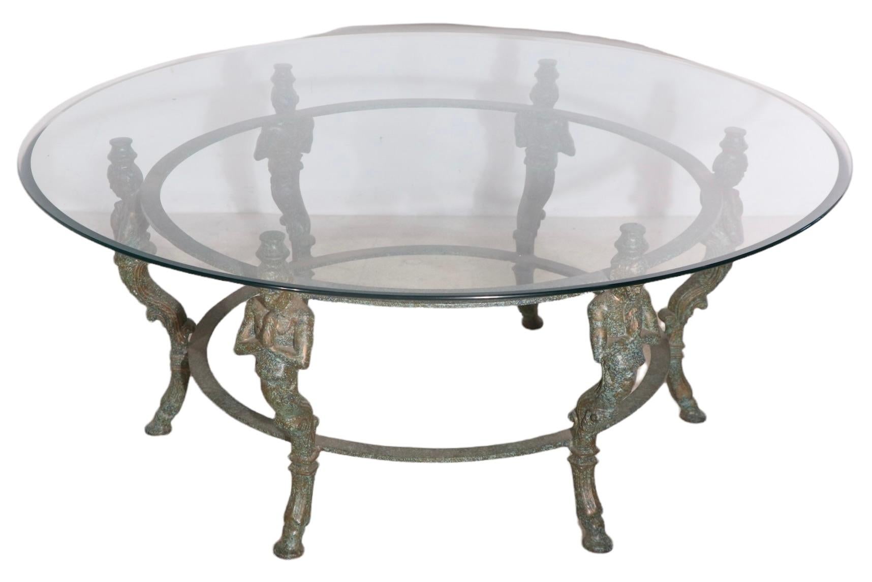 Greco Roman Revival Faux Ver Di Gris Glass Top Coffee Table Ca 1970's For Sale 5