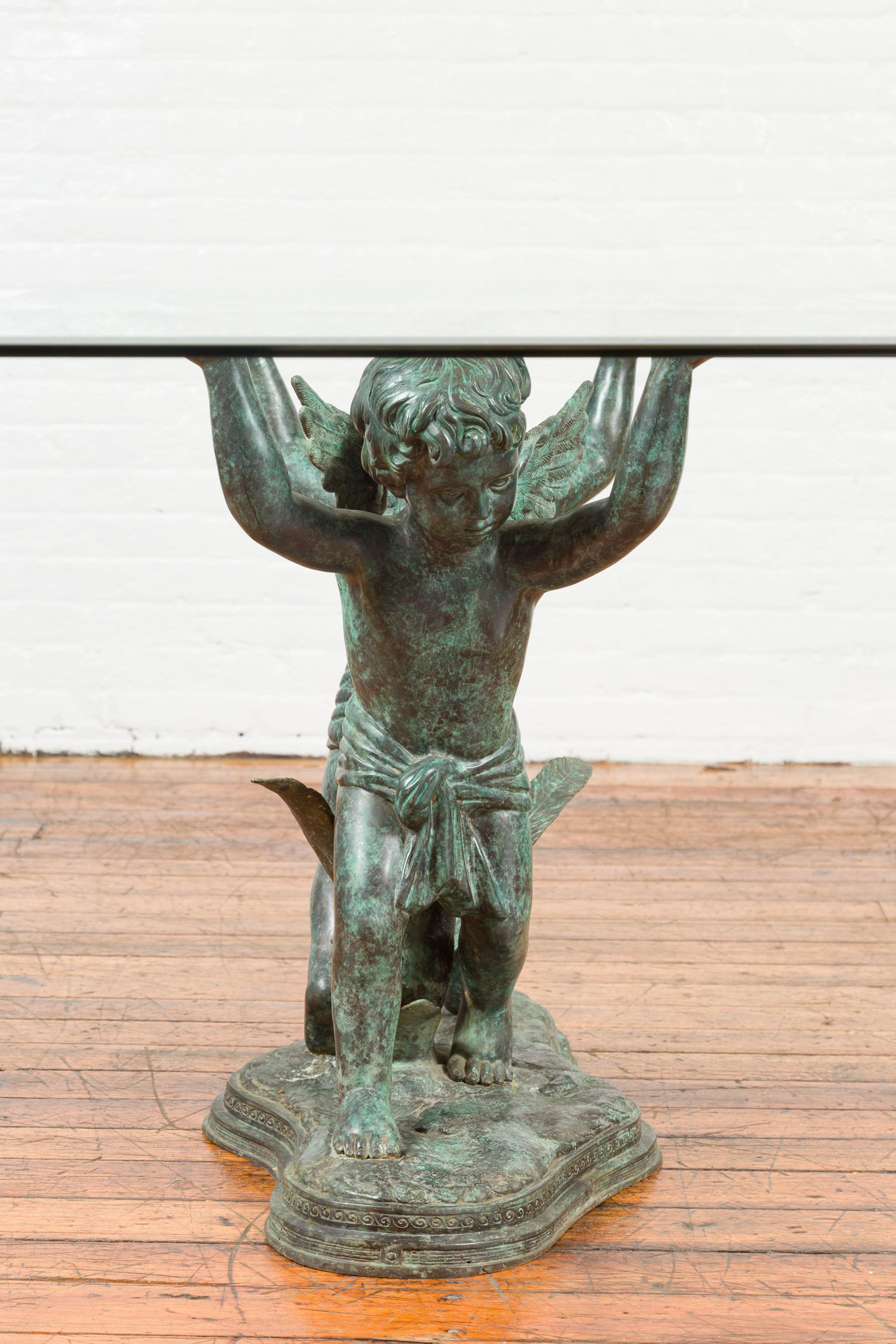 Cast Greco-Roman Style Contemporary Bronze Double Cherub Dining Table Base, Sans Top
