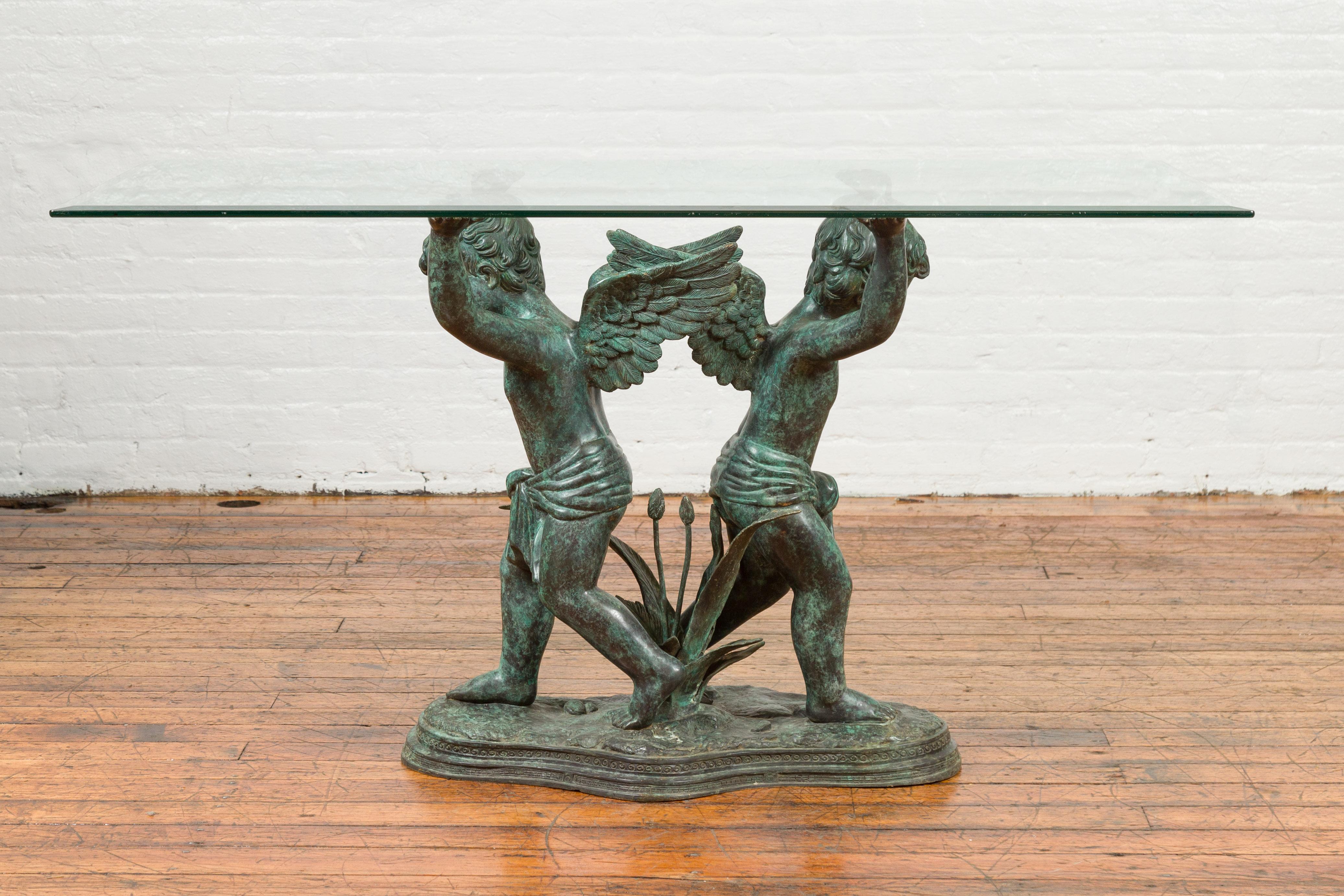 Greco-Roman Style Contemporary Bronze Double Cherub Dining Table Base In Good Condition For Sale In Yonkers, NY