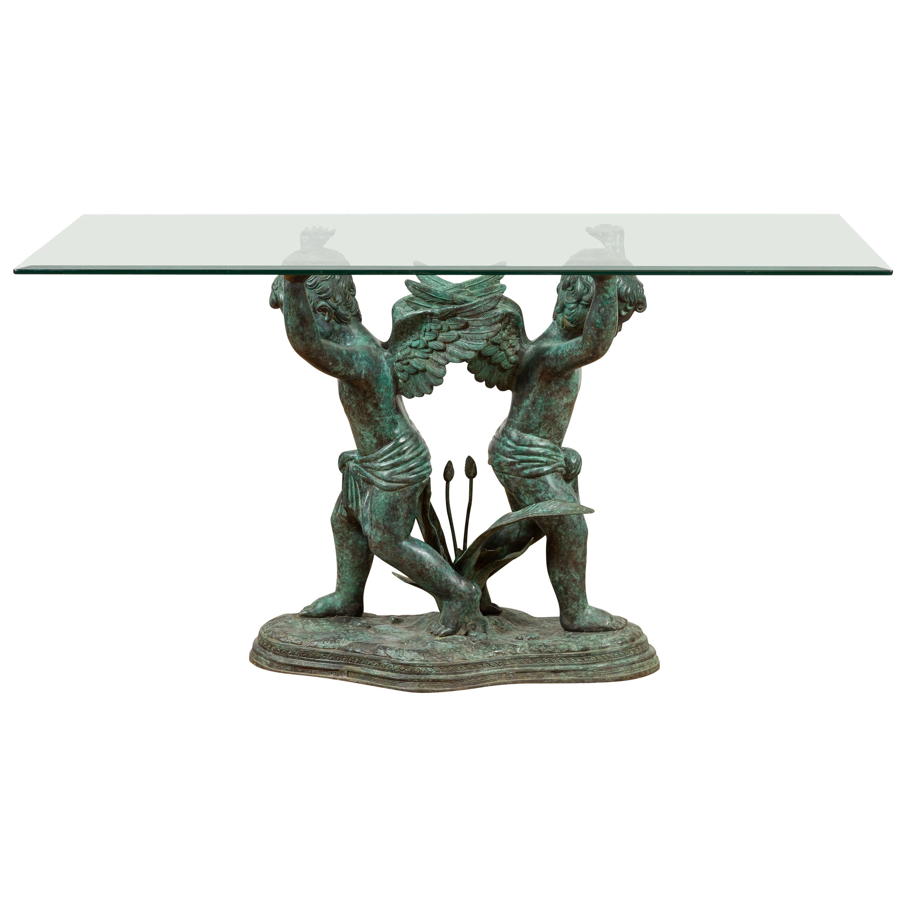 Base de table à manger contemporaine en bronze à double chérubin de style gréco-romain