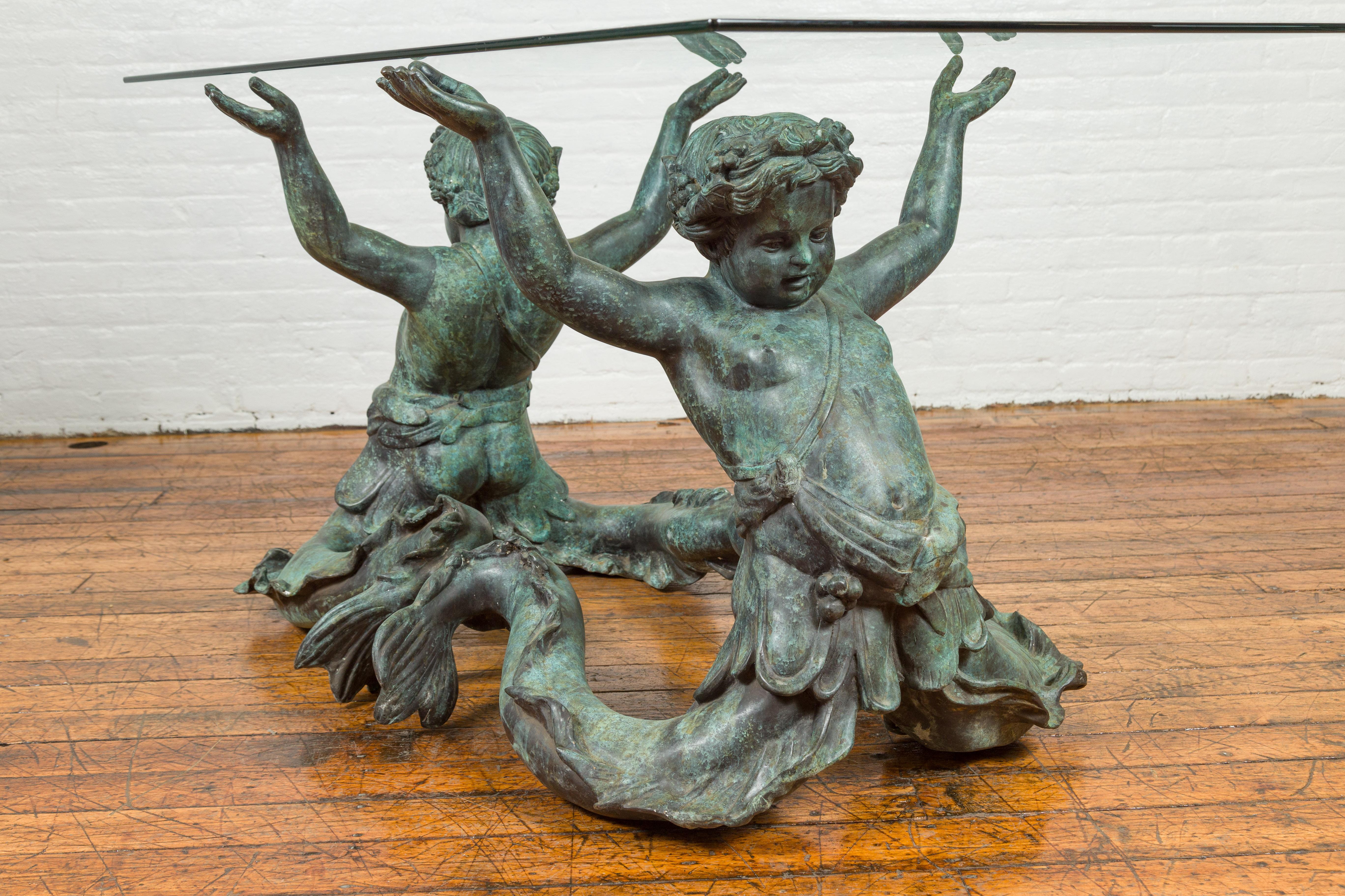 Greco Roman Style Verdigris Bronze Double Triton Dining Table Base, No Top 5