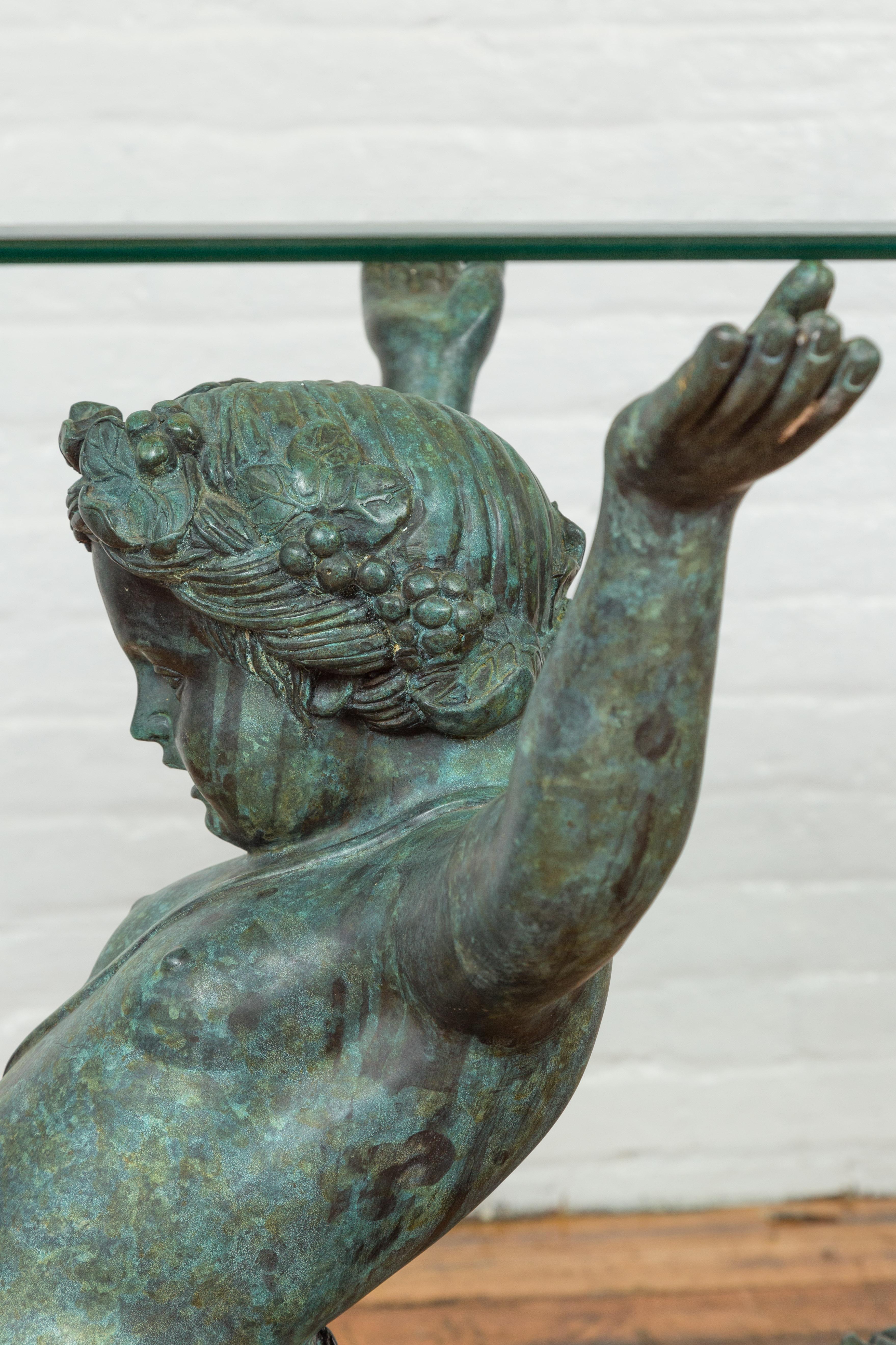 Cast Greco Roman Style Verdigris Bronze Double Triton Dining Table Base, No Top