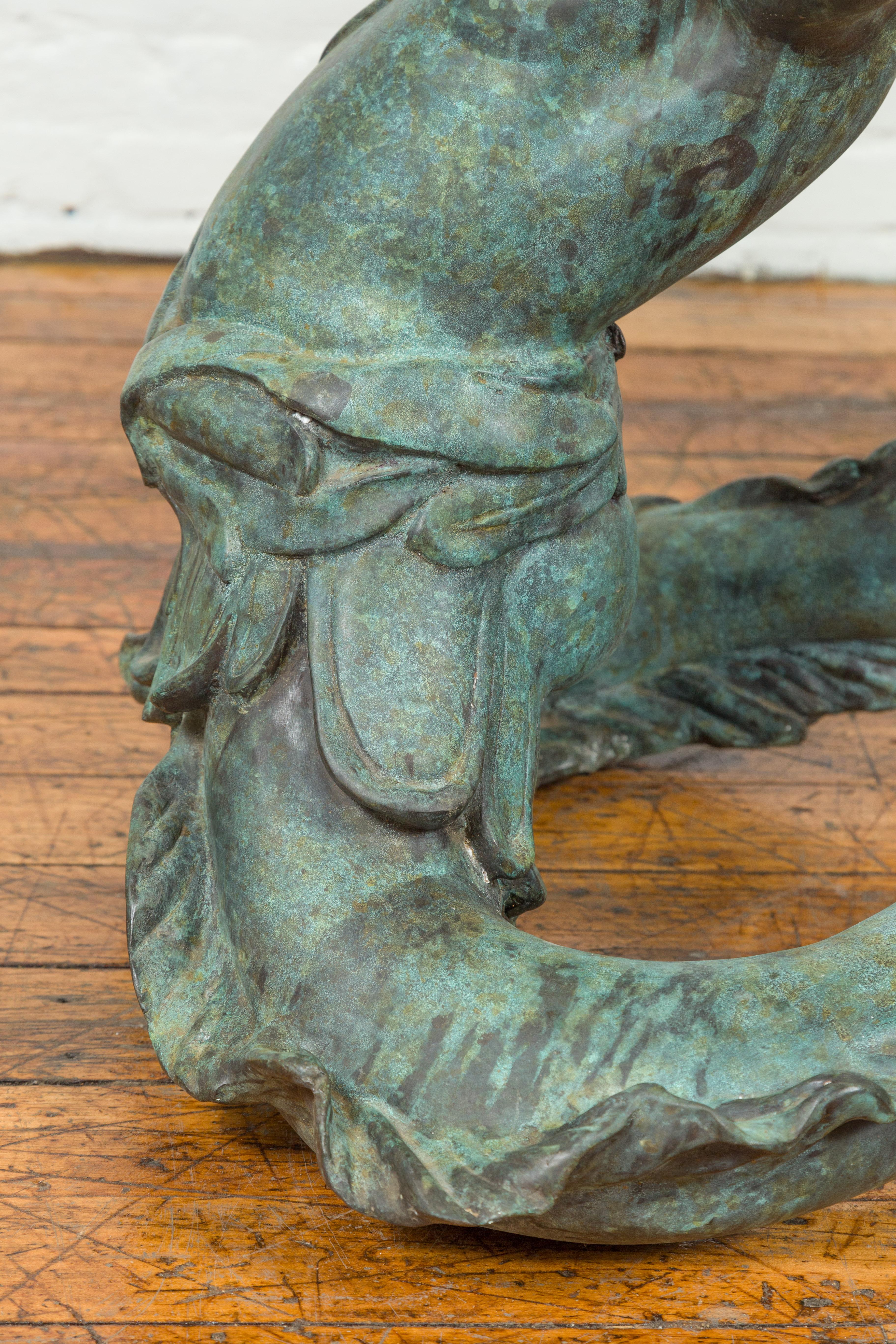Greco Roman Style Verdigris Bronze Double Triton Dining Table Base, No Top In Good Condition In Yonkers, NY