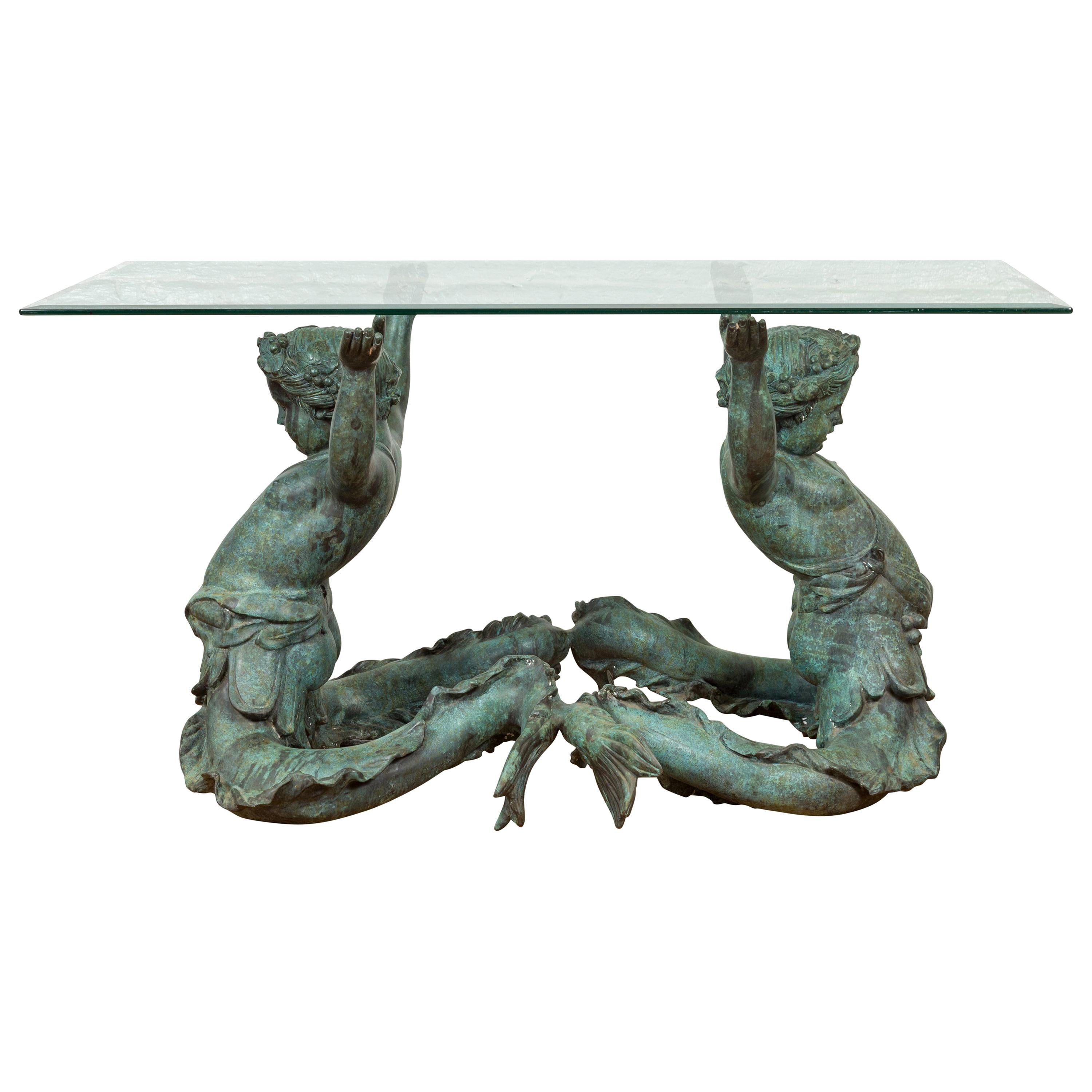 Greco Roman Style Contemporary Bronze Double Triton Dining Table Base, No Top