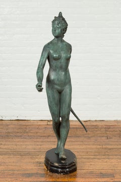Greco-Roman Style Verde Bronze Vintage Statue of Diana the Huntress with her Bow