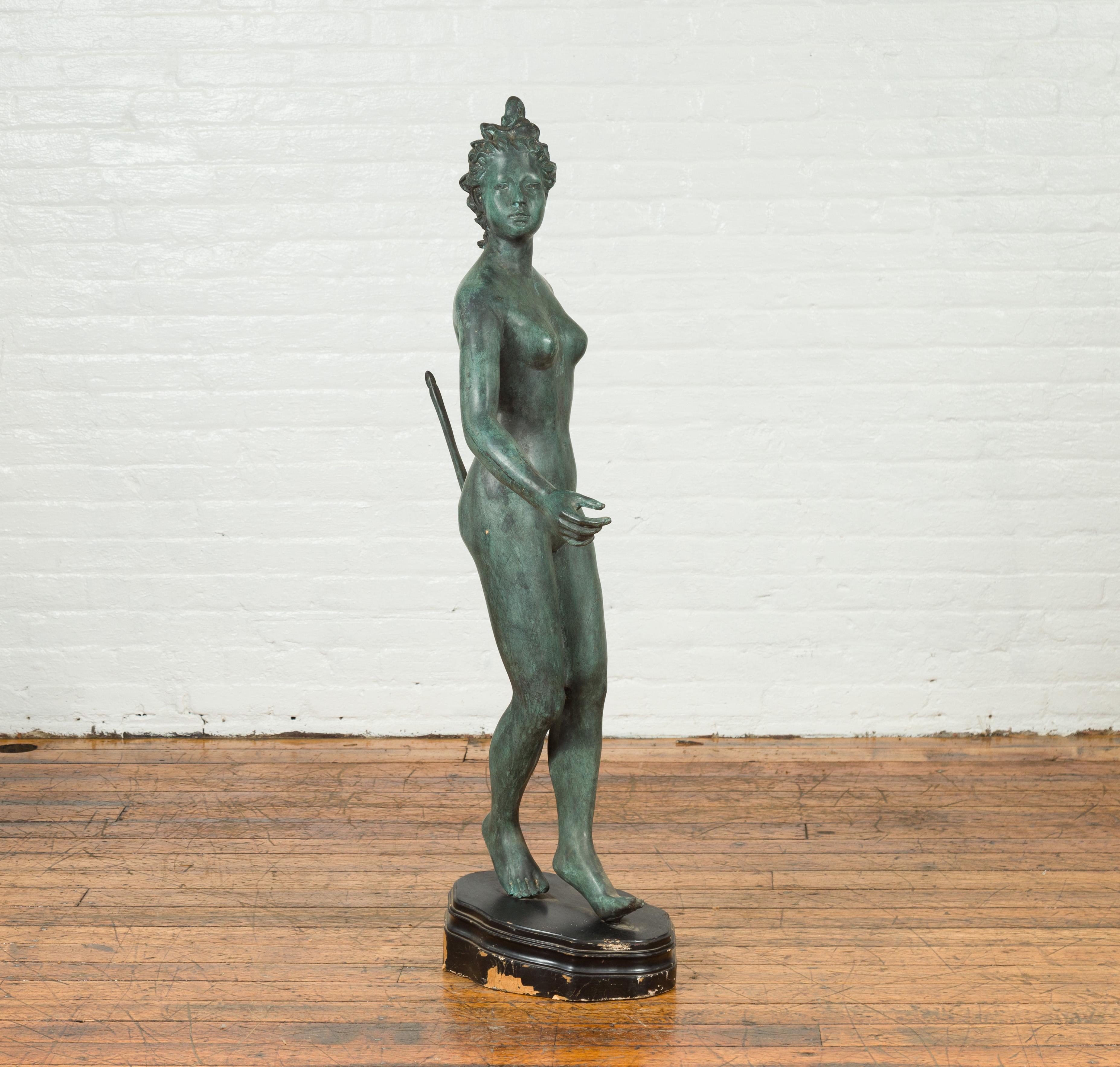 20th Century Greco-Roman Style Verde Bronze Vintage Statue of Diana the Huntress with her Bow