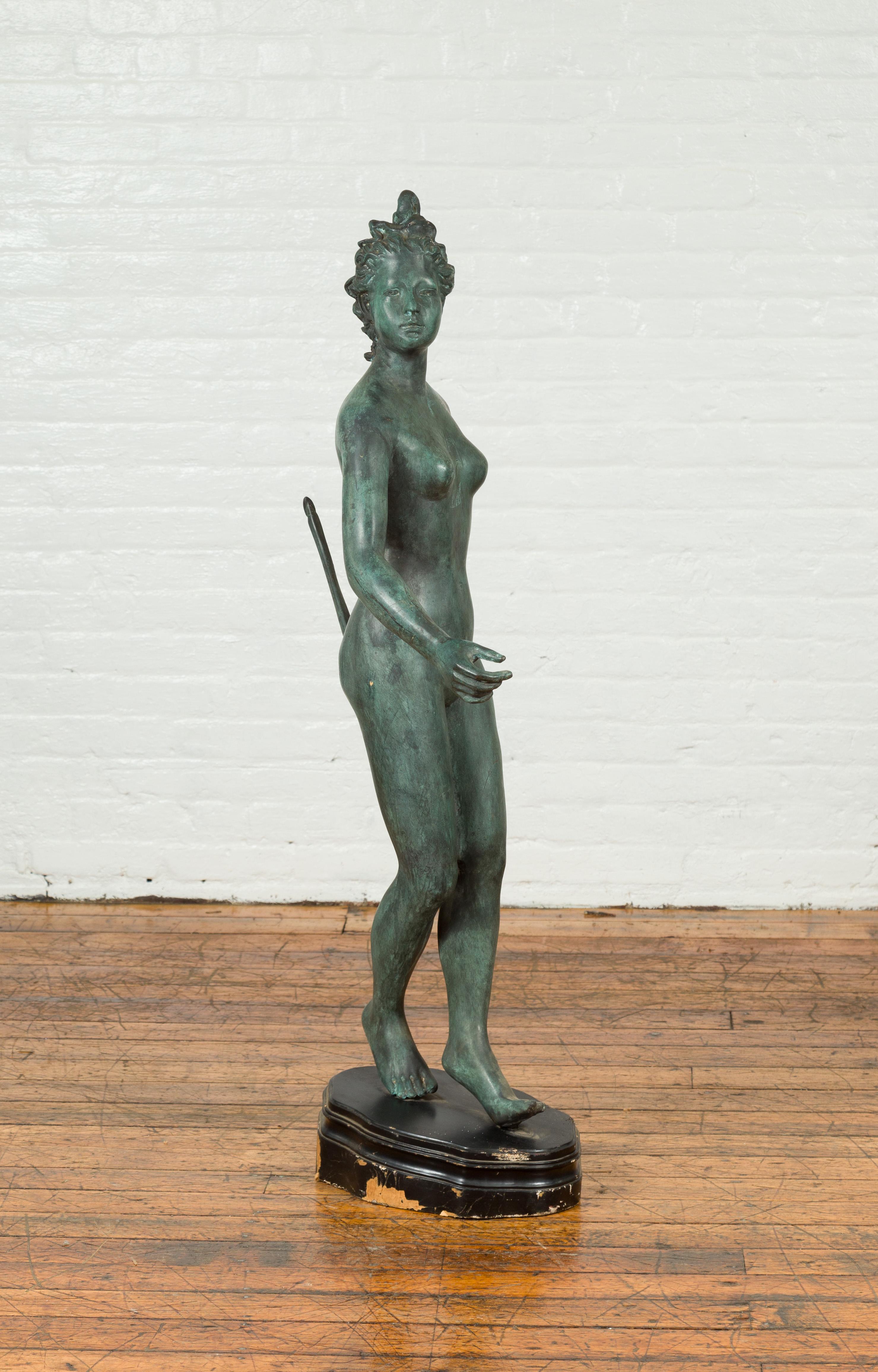 Wood Greco-Roman Style Verde Bronze Vintage Statue of Diana the Huntress with her Bow