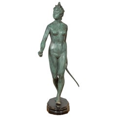 Greco-Roman Style Verde Bronze Vintage Statue of Diana the Huntress with her Bow