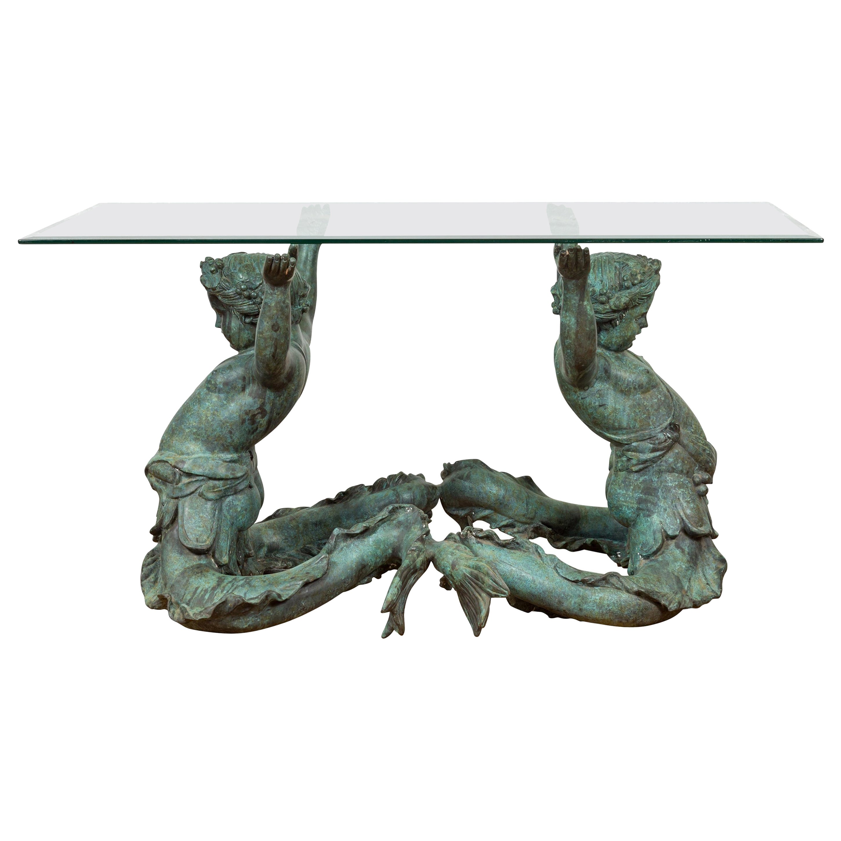 Greco Roman Style Verdigris Bronze Double Triton Dining Table Base, No Top