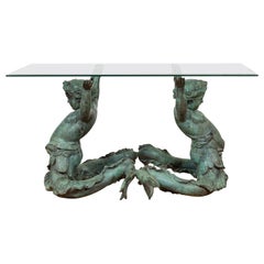 Greco Roman Style Verdigris Bronze Double Triton Dining Table Base, No Top