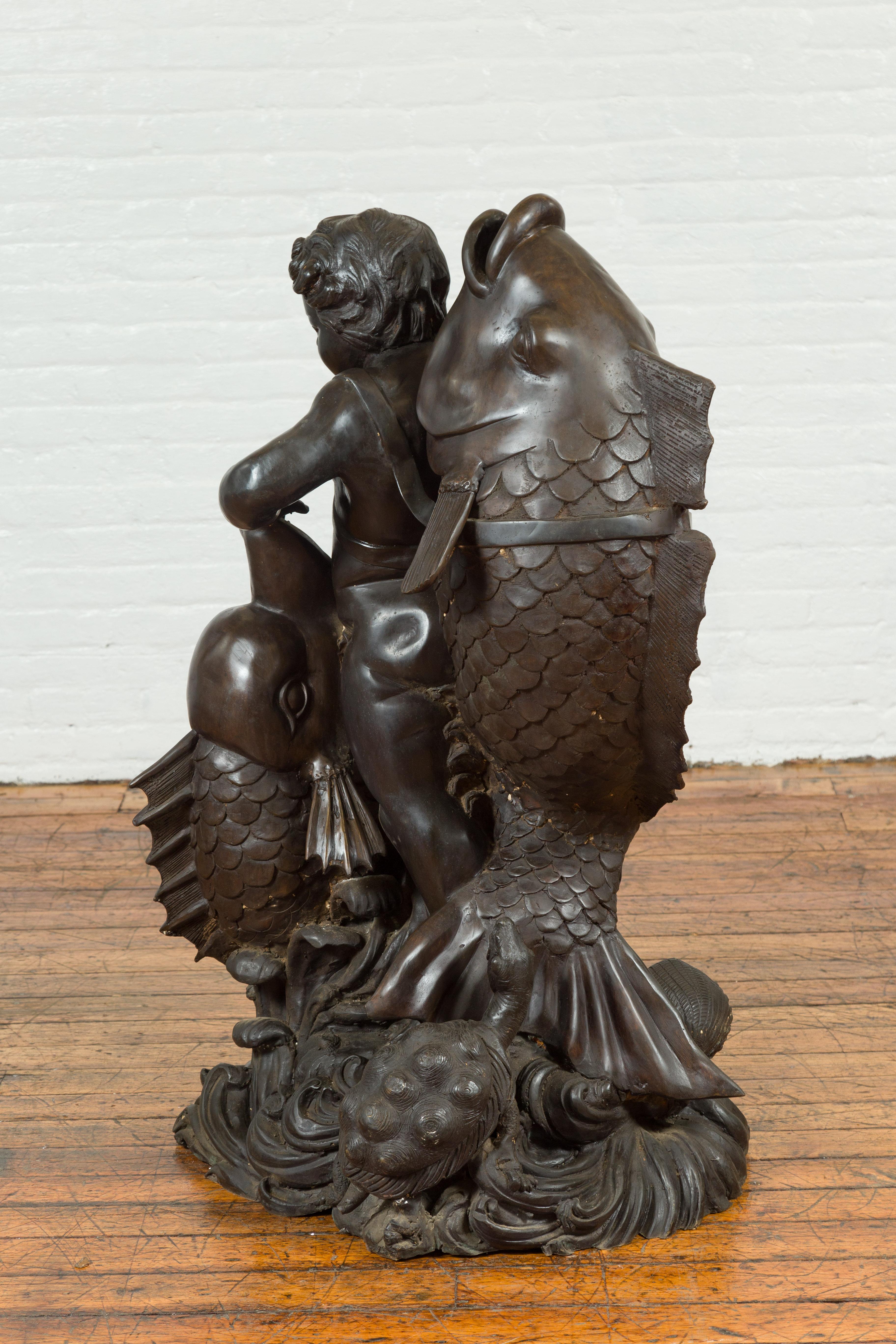 Fontaine en bronze vintage de style gréco-romain représentant un putto chevauchant un dauphin en vente 6