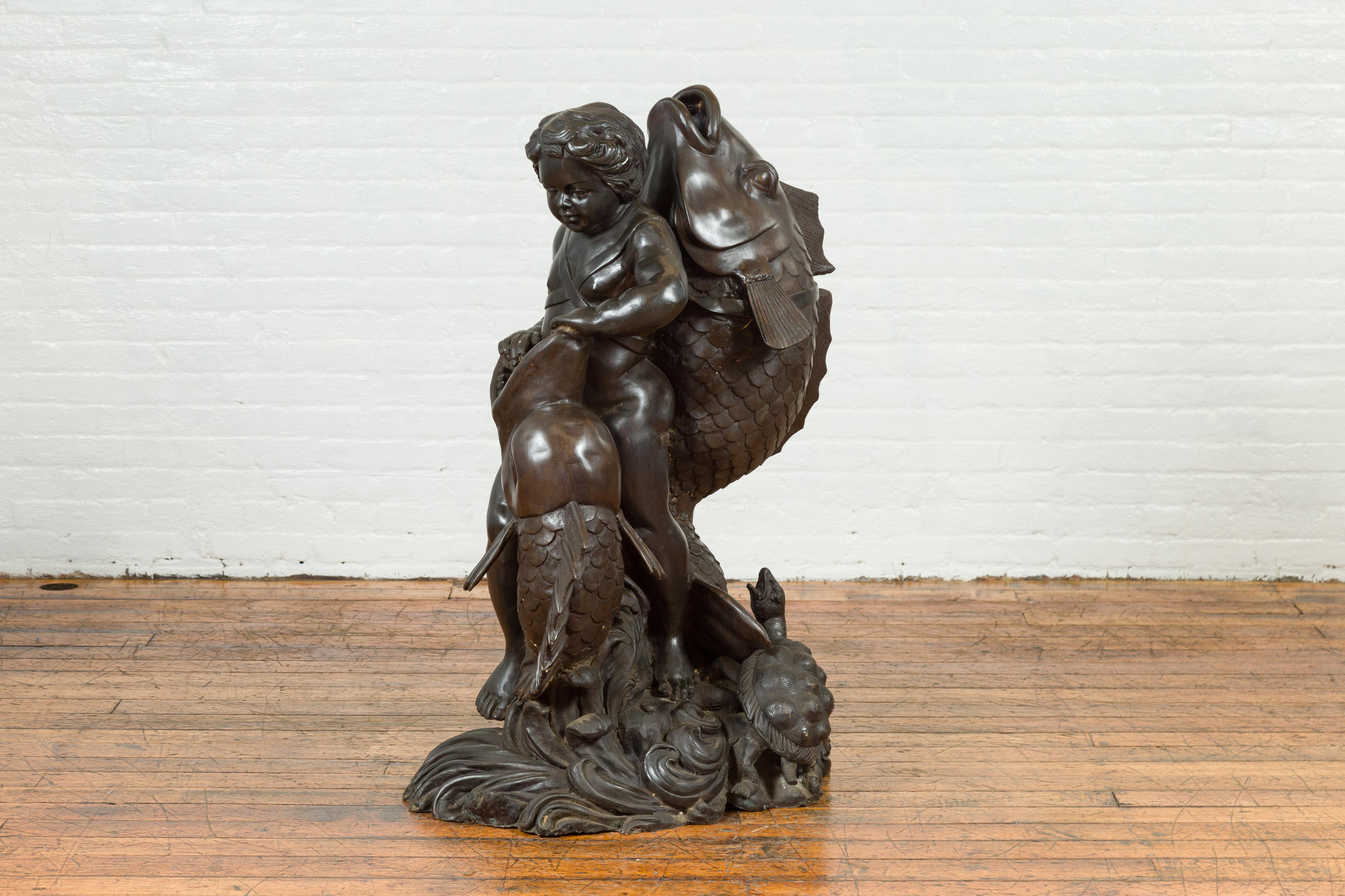 Greco-Roman Style Vintage Bronze Fountain Depicting a Putto Riding a Dolphin For Sale 9