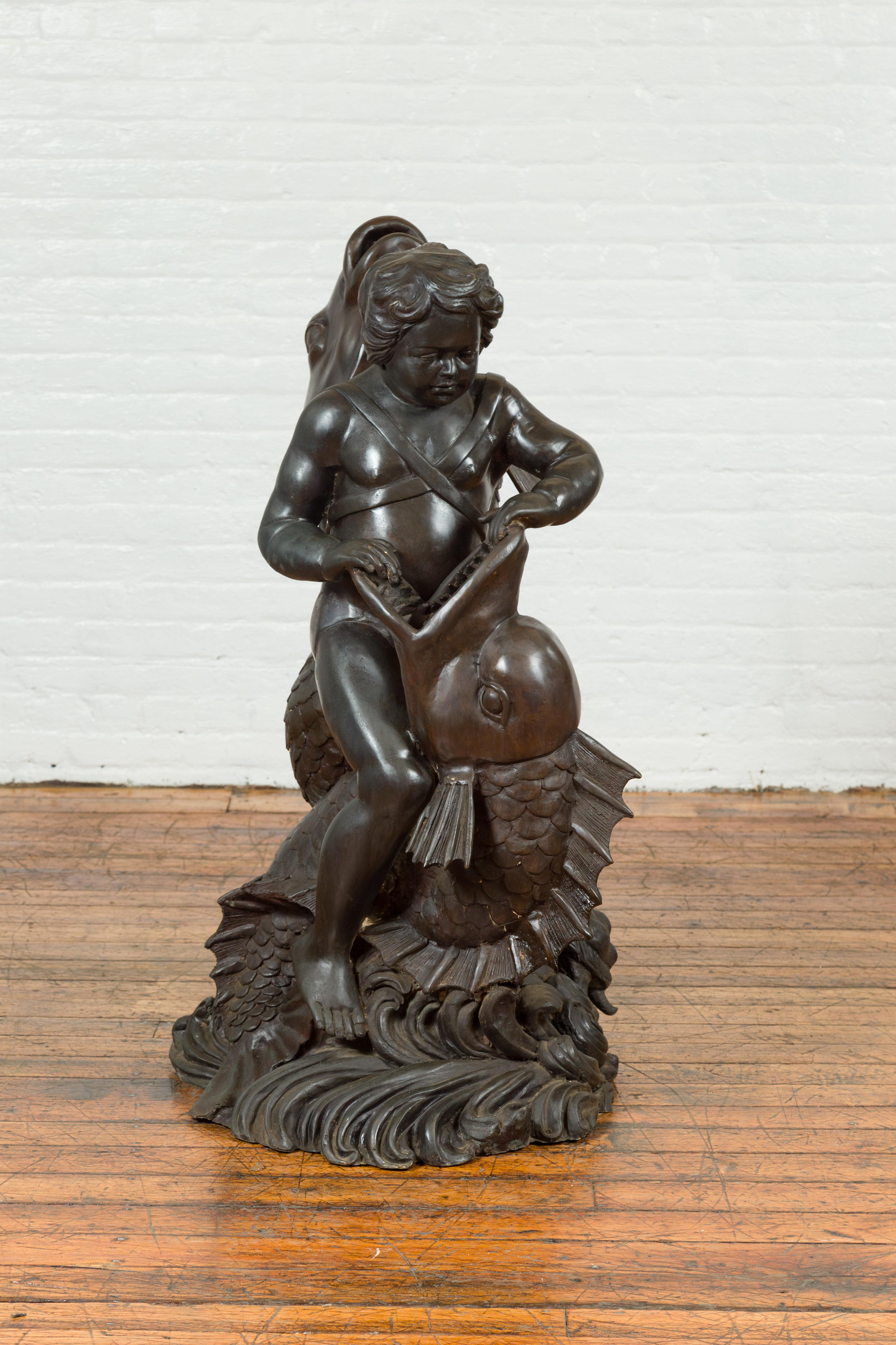 Greco Roman Greco-Roman Style Vintage Bronze Fountain Depicting a Putto Riding a Dolphin For Sale