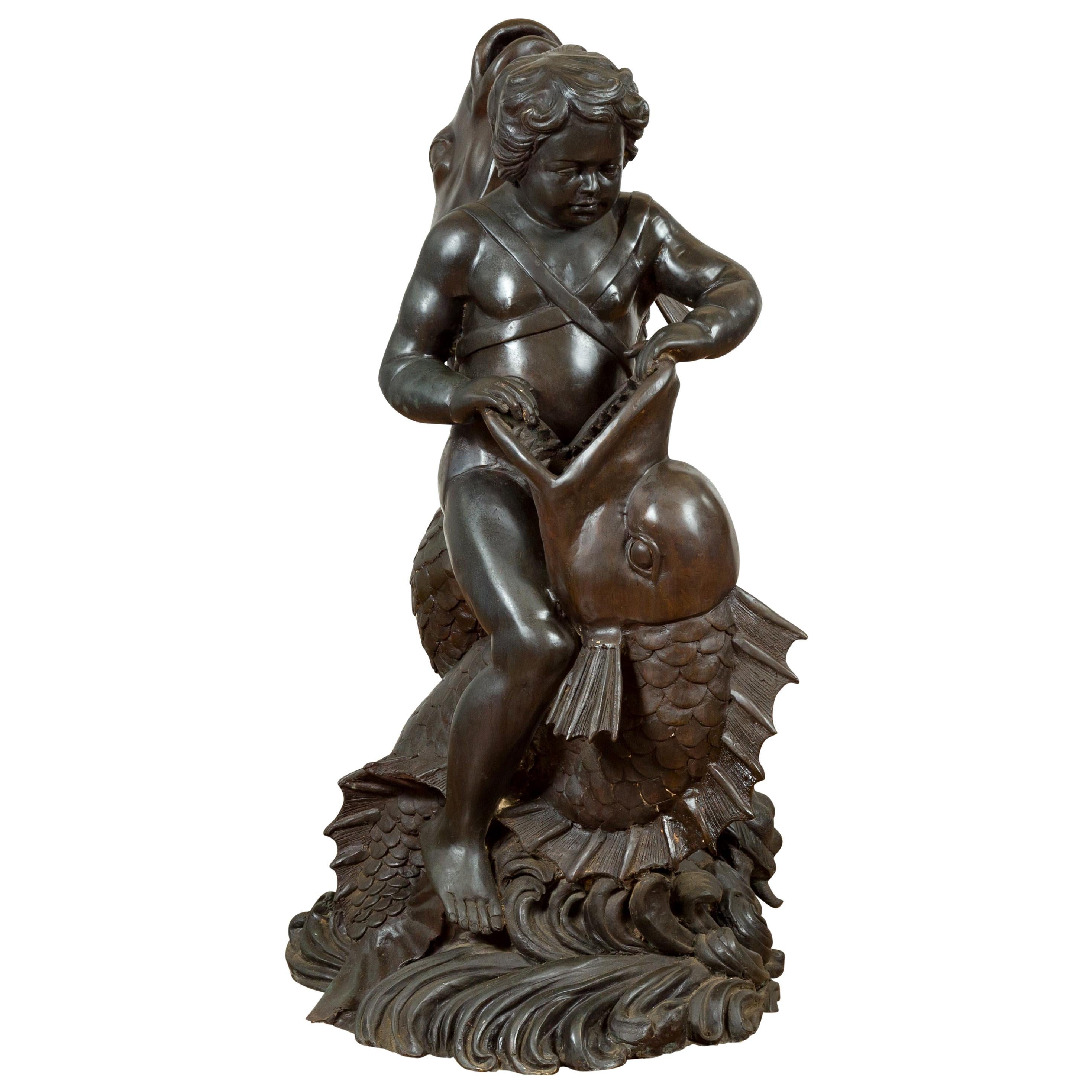 Greco-Roman Style Vintage Bronze Fountain Depicting a Putto Riding a Dolphin For Sale