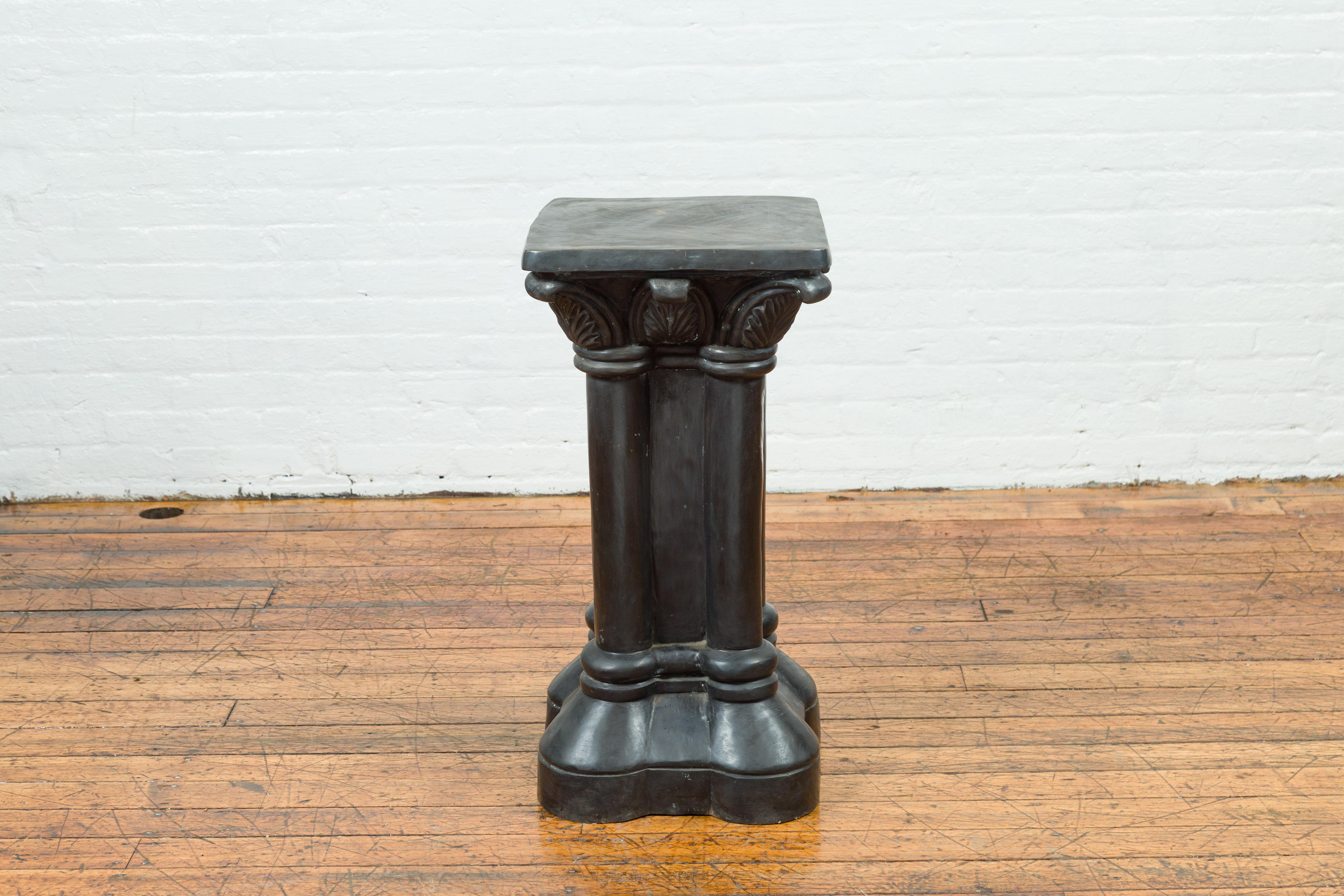 Greco-Roman Style Vintage Bronze Pedestal Base with Palmettes and Demi-Columns 1