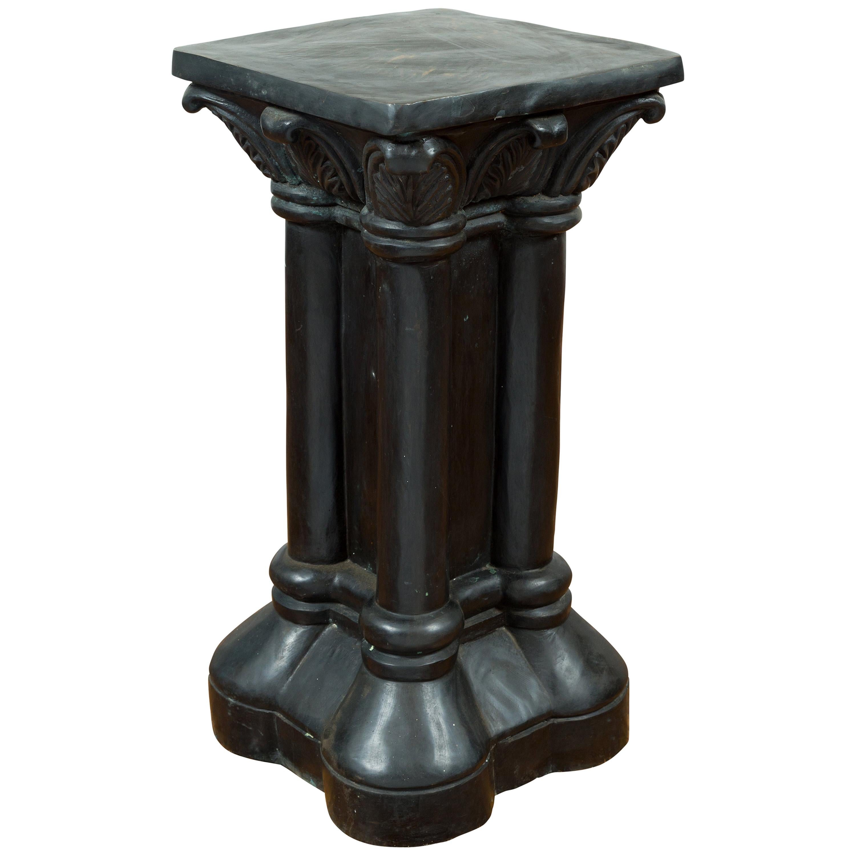 Greco-Roman Style Vintage Bronze Pedestal Base with Palmettes and Demi-Columns