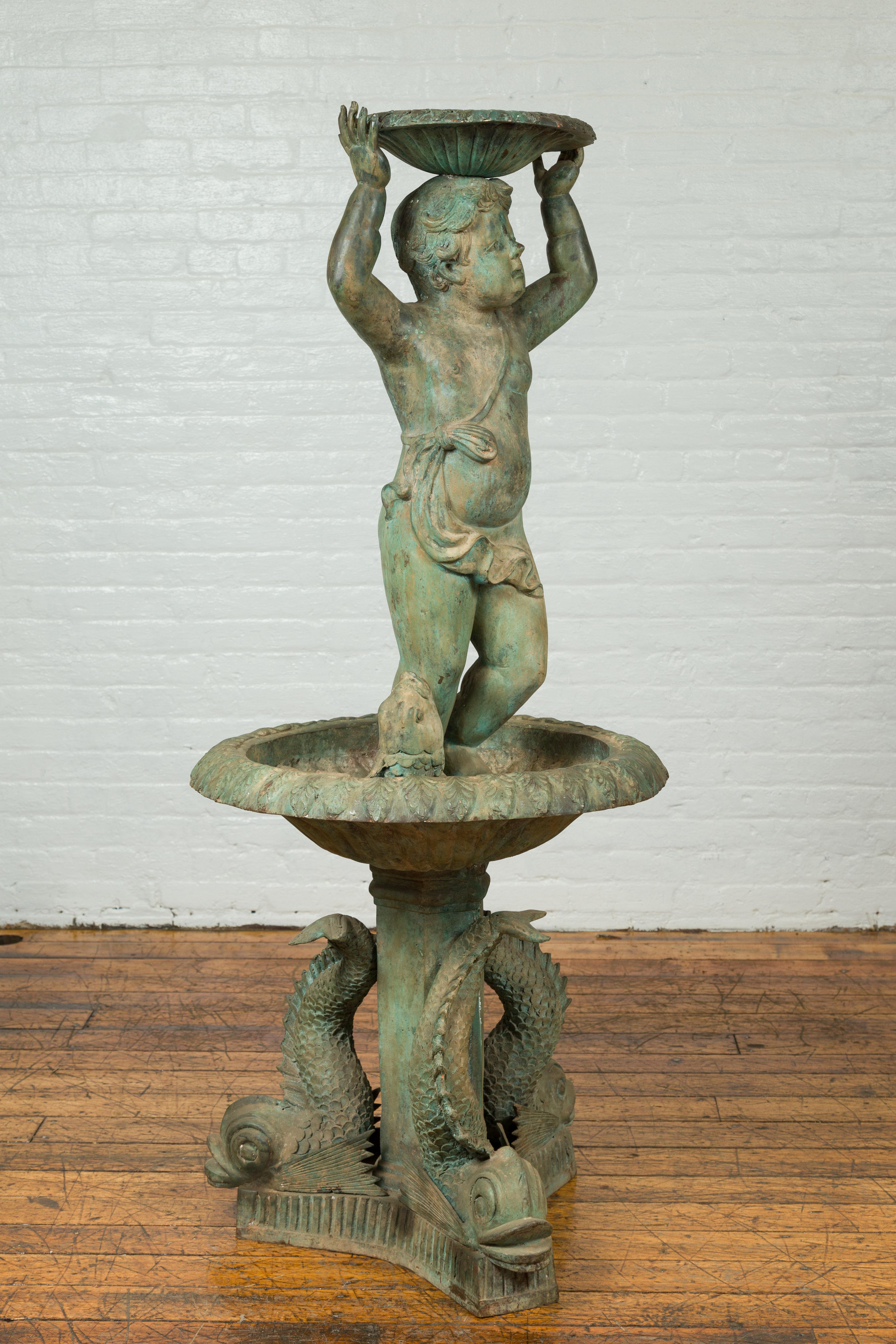 Greco Roman Style Vintage Putto and Fish Fountain with Distressed Verde Patina For Sale 3