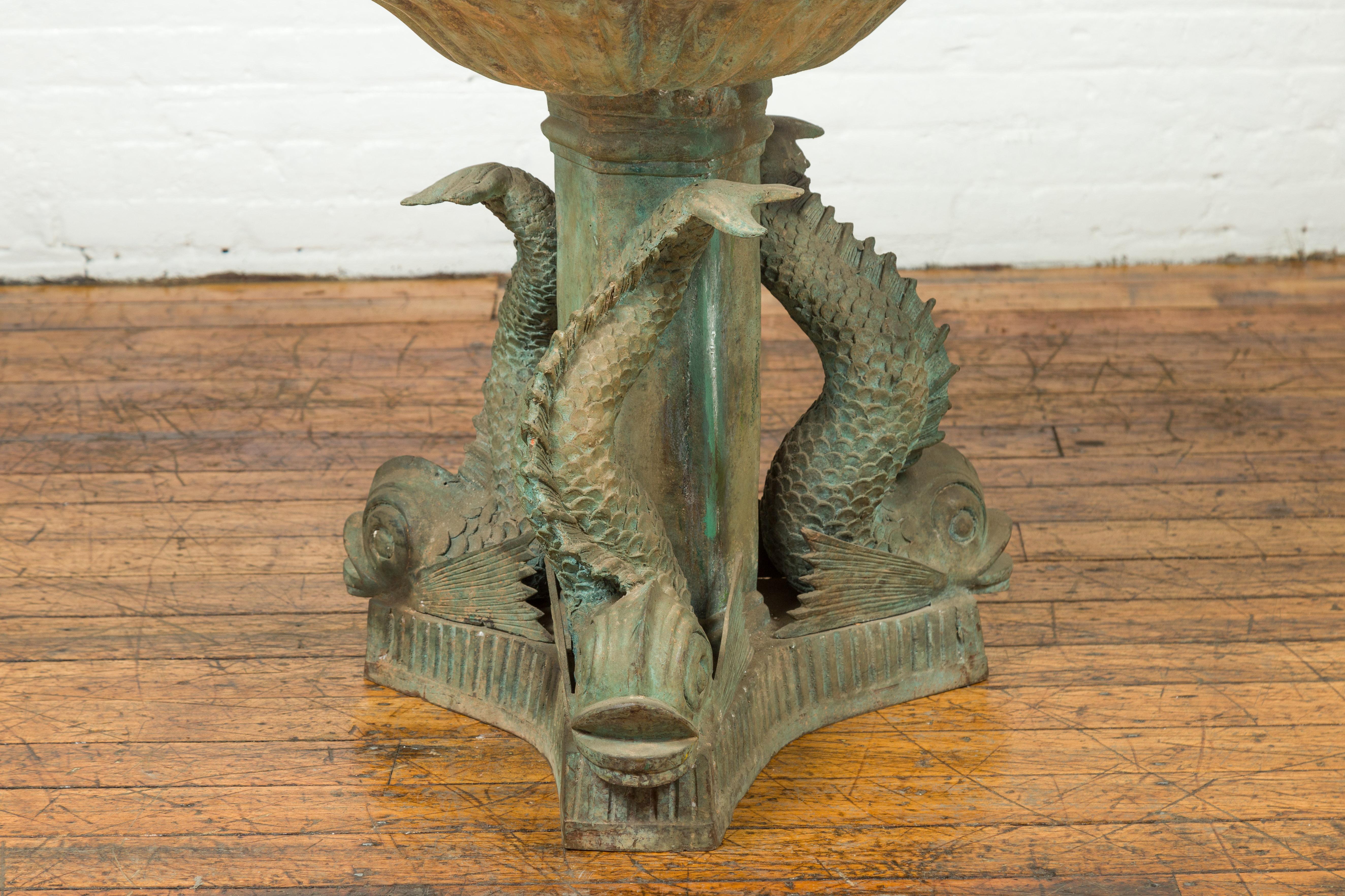 Greco Roman Style Vintage Putto and Fish Fountain with Distressed Verde Patina For Sale 4