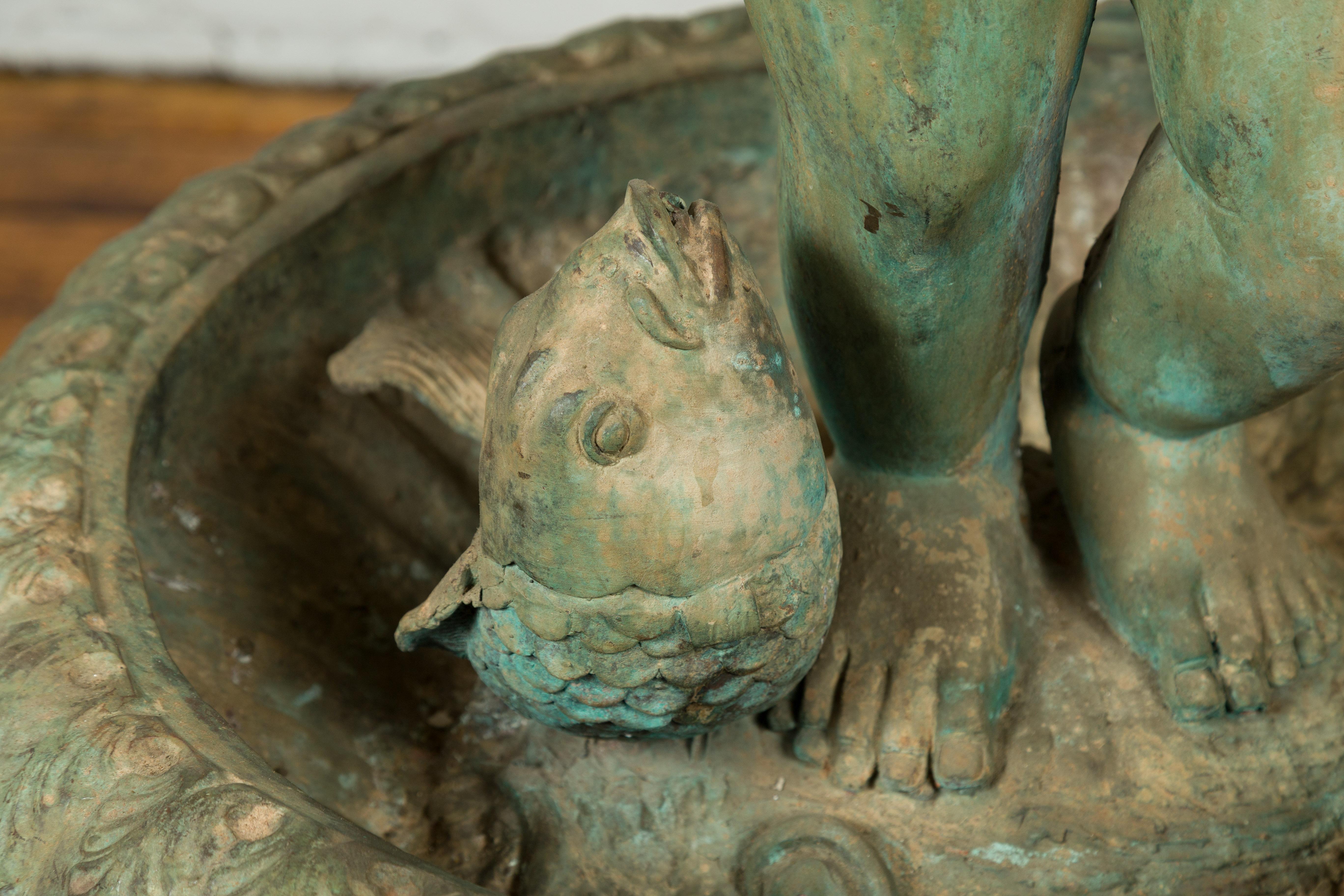 Greco Roman Style Vintage Putto and Fish Fountain with Distressed Verde Patina For Sale 8