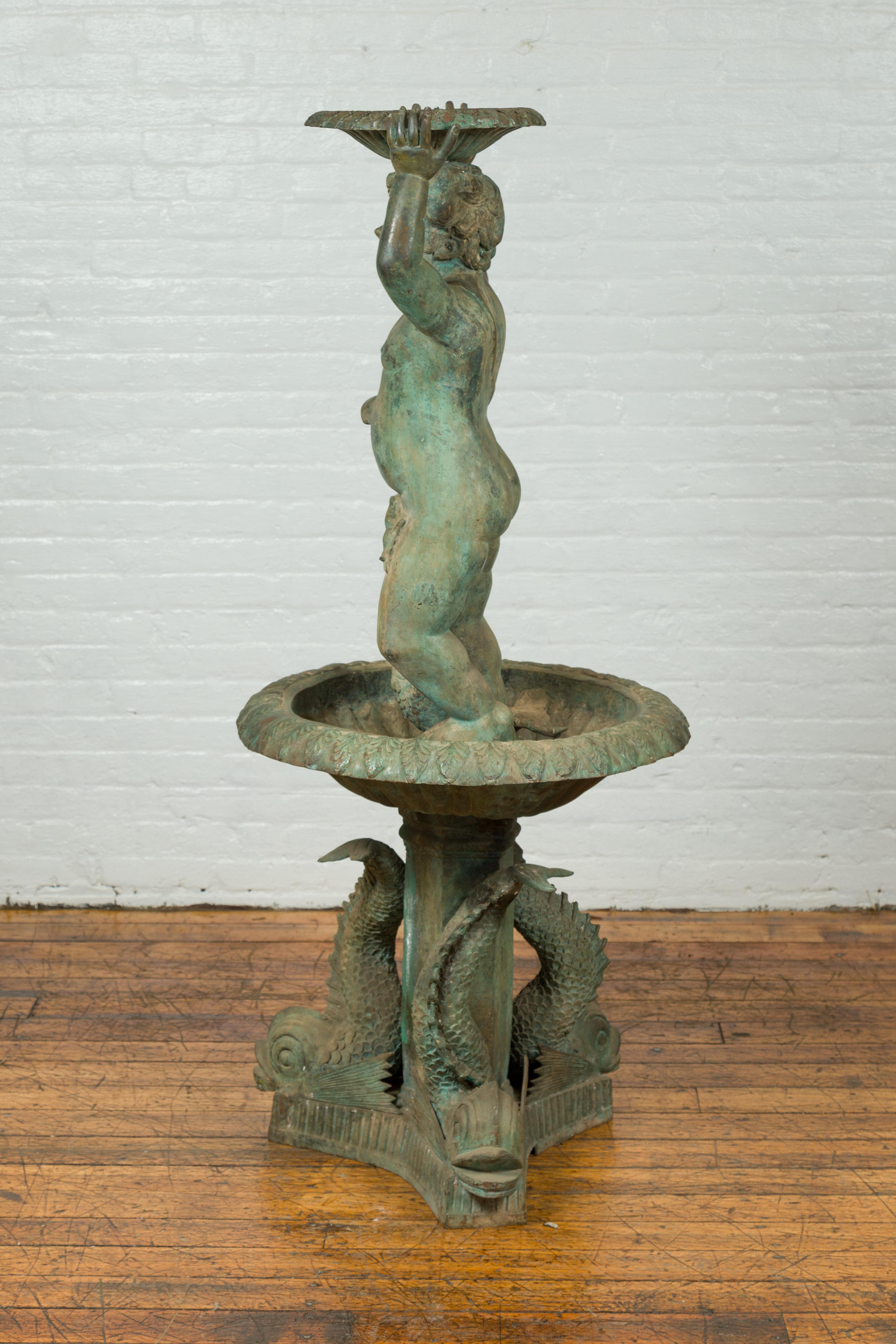 Cast Greco Roman Style Vintage Putto and Fish Fountain with Distressed Verde Patina For Sale