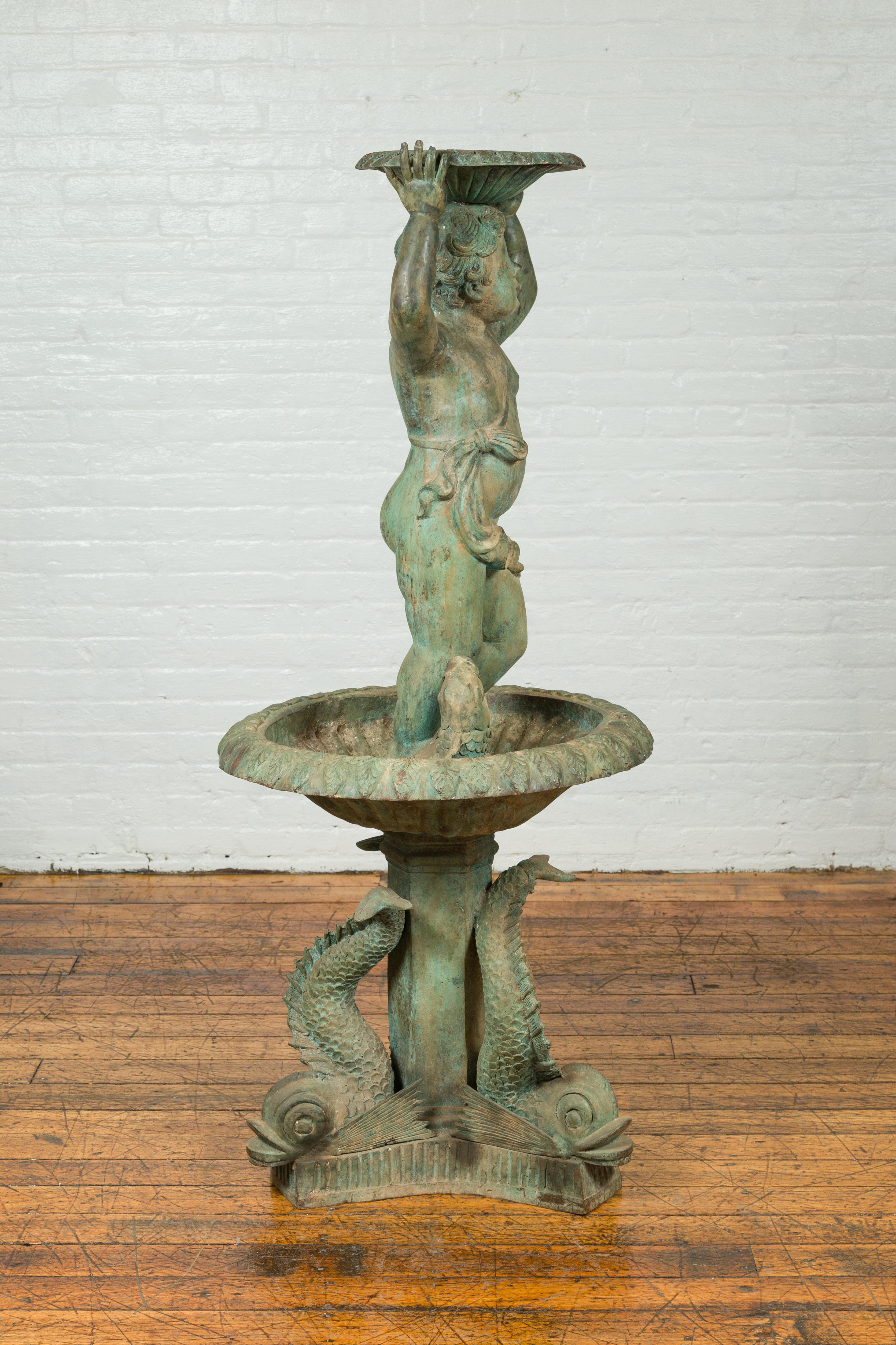Greco Roman Style Vintage Putto and Fish Fountain with Distressed Verde Patina For Sale 2