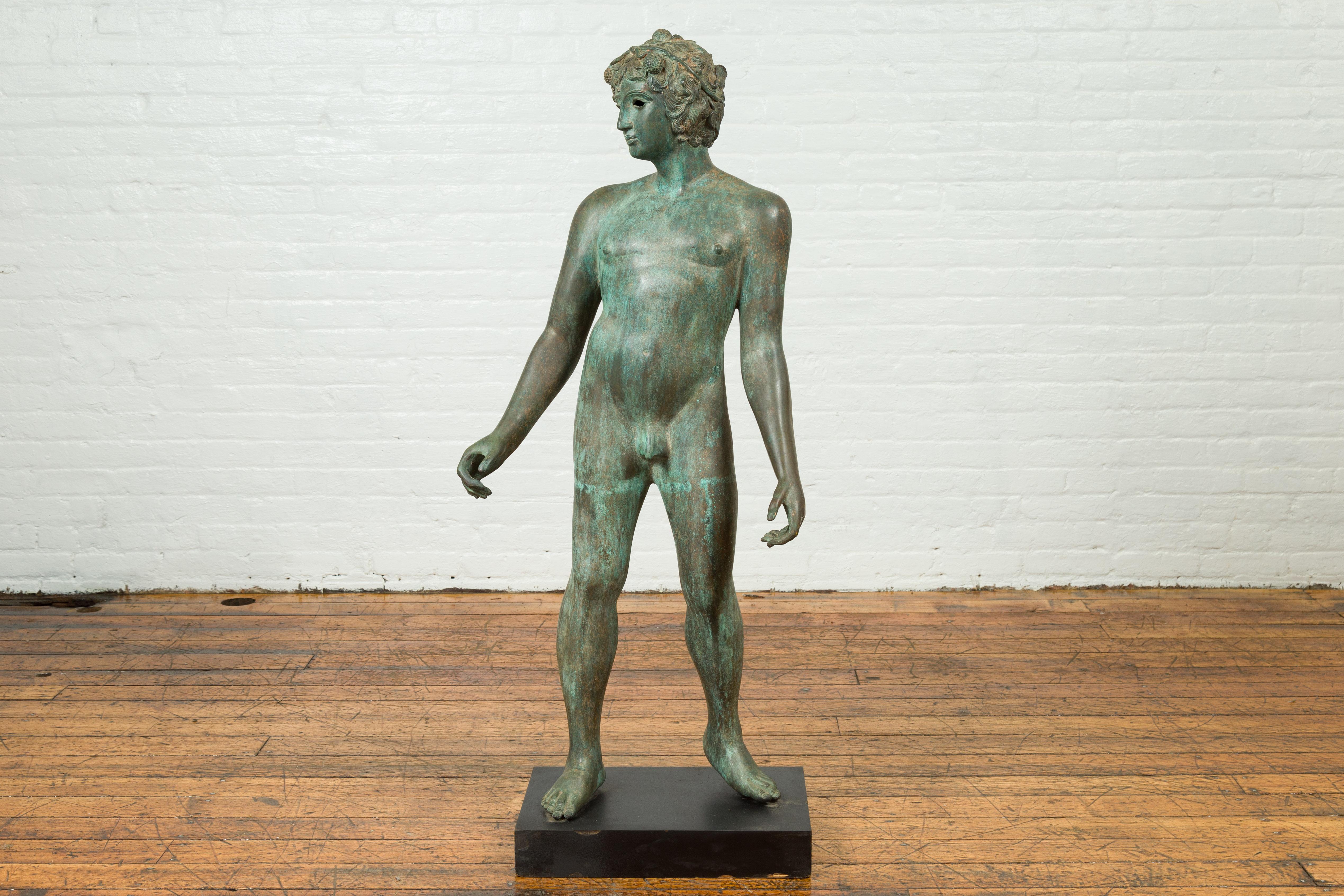 Greco Roman Style Vintage Verde Bronze Statue of a Male Nude with Grapes in Hair For Sale 4