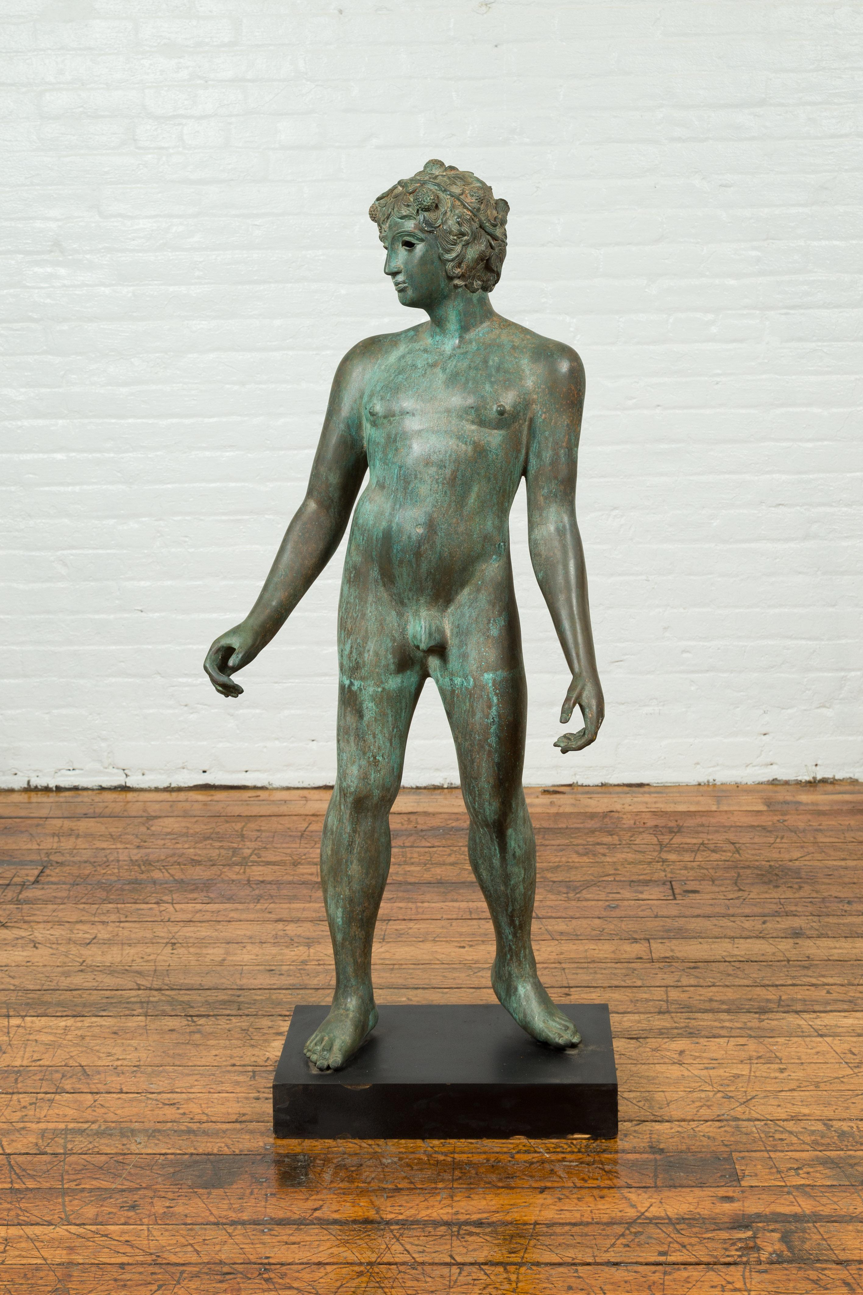 Greco Roman Style Vintage Verde Bronze Statue of a Male Nude with Grapes in Hair For Sale 8