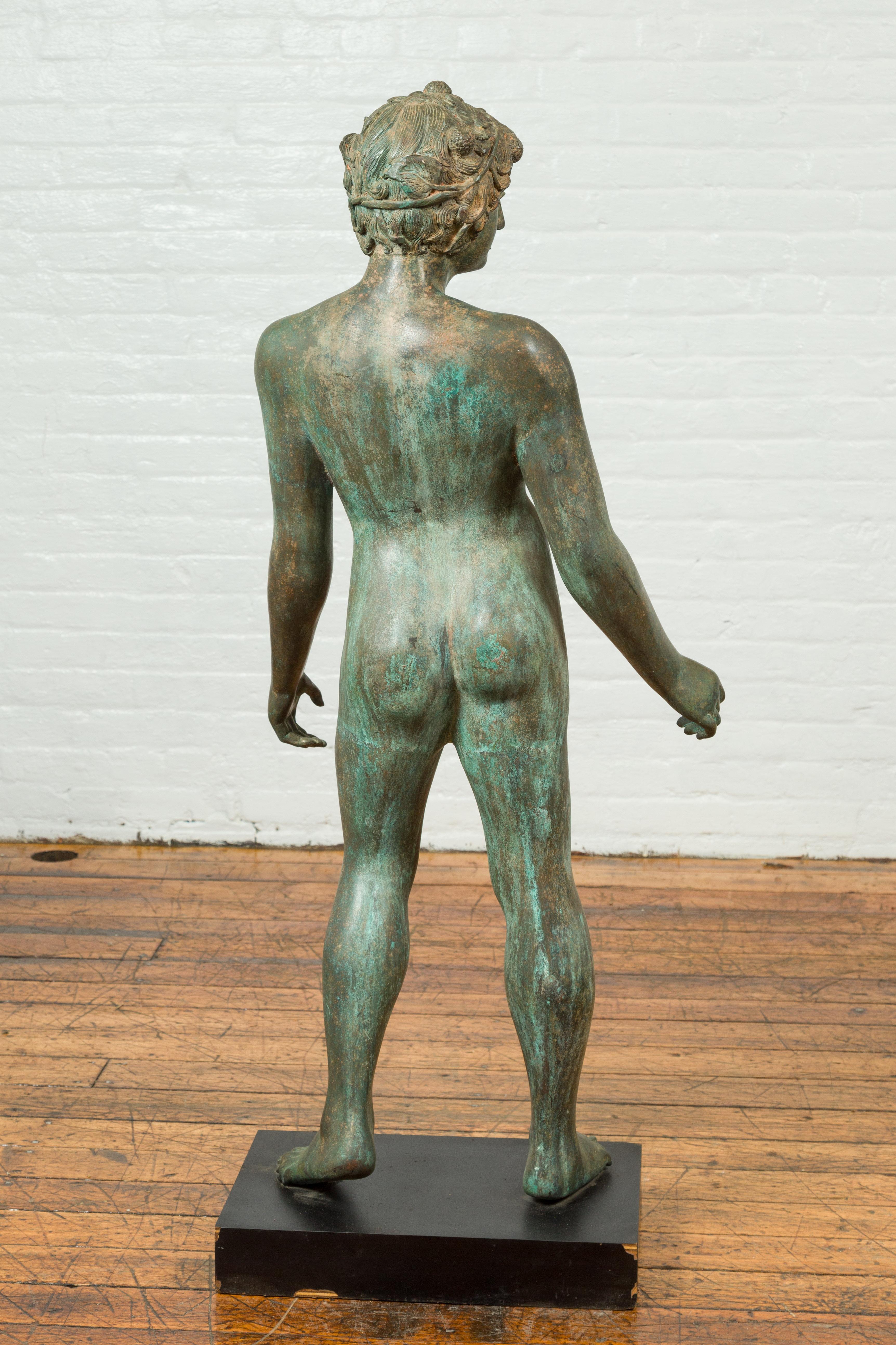 Cast Greco Roman Style Vintage Verde Bronze Statue of a Male Nude with Grapes in Hair For Sale