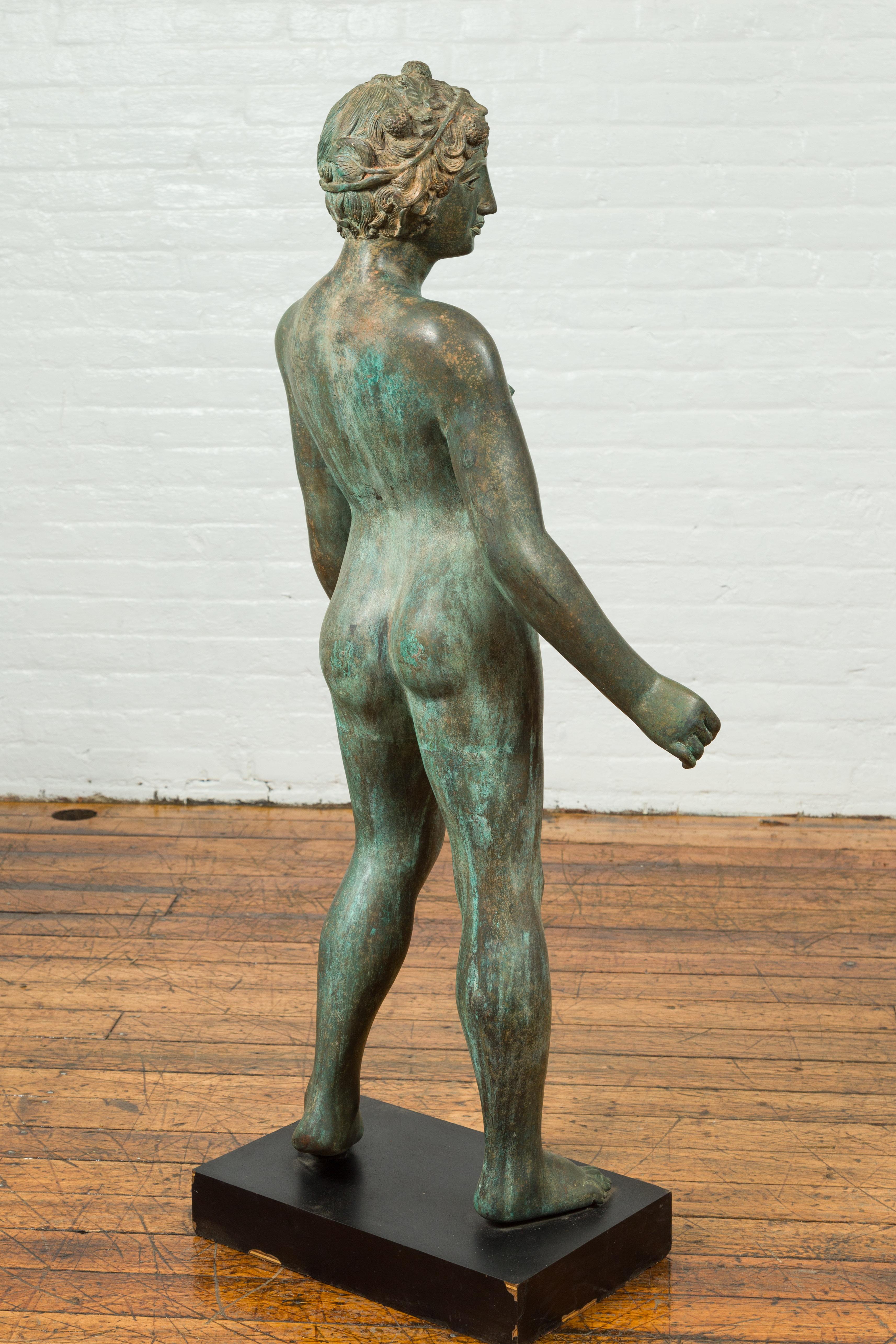 20th Century Greco Roman Style Vintage Verde Bronze Statue of a Male Nude with Grapes in Hair For Sale