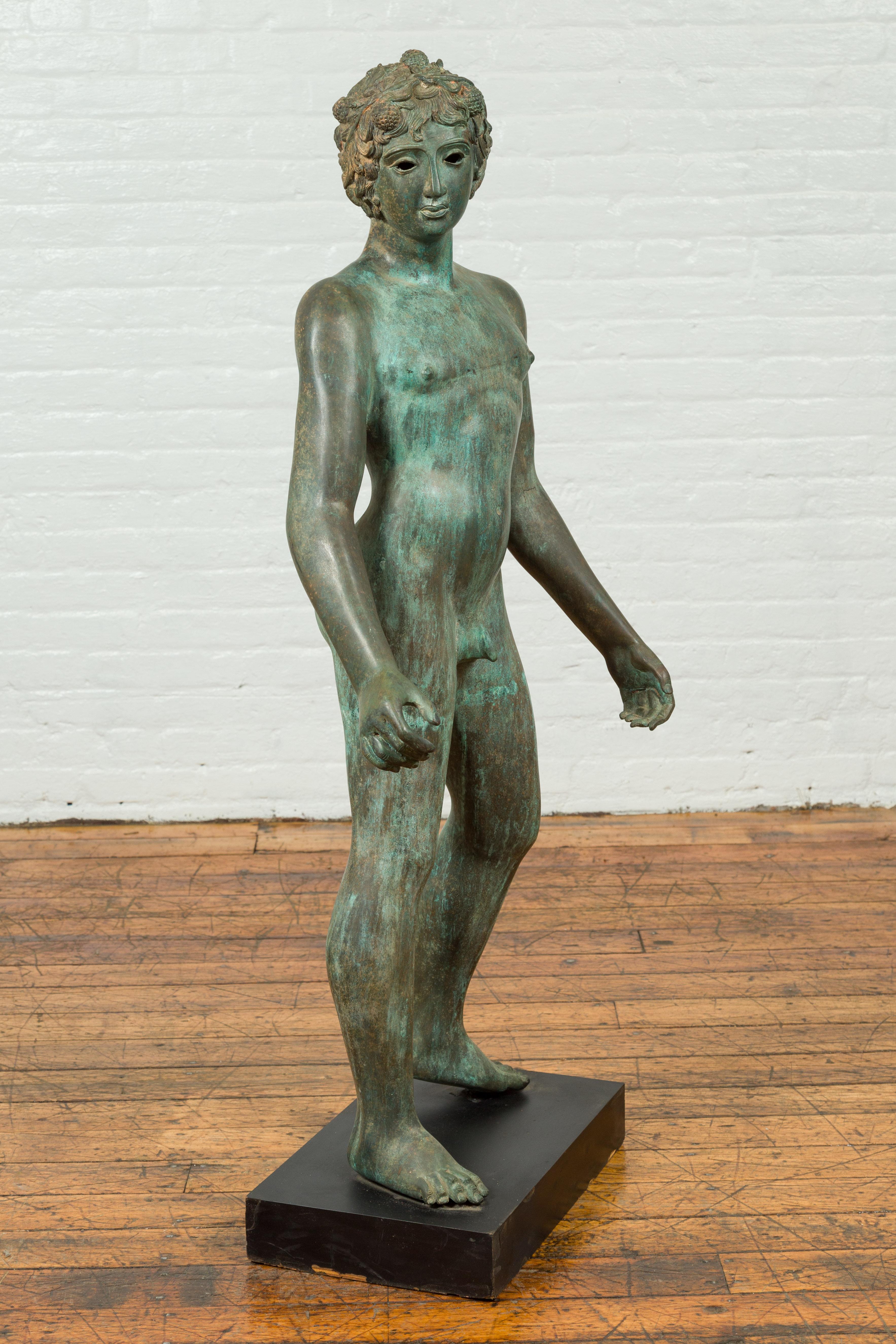 Greco Roman Style Vintage Verde Bronze Statue of a Male Nude with Grapes in Hair For Sale 1