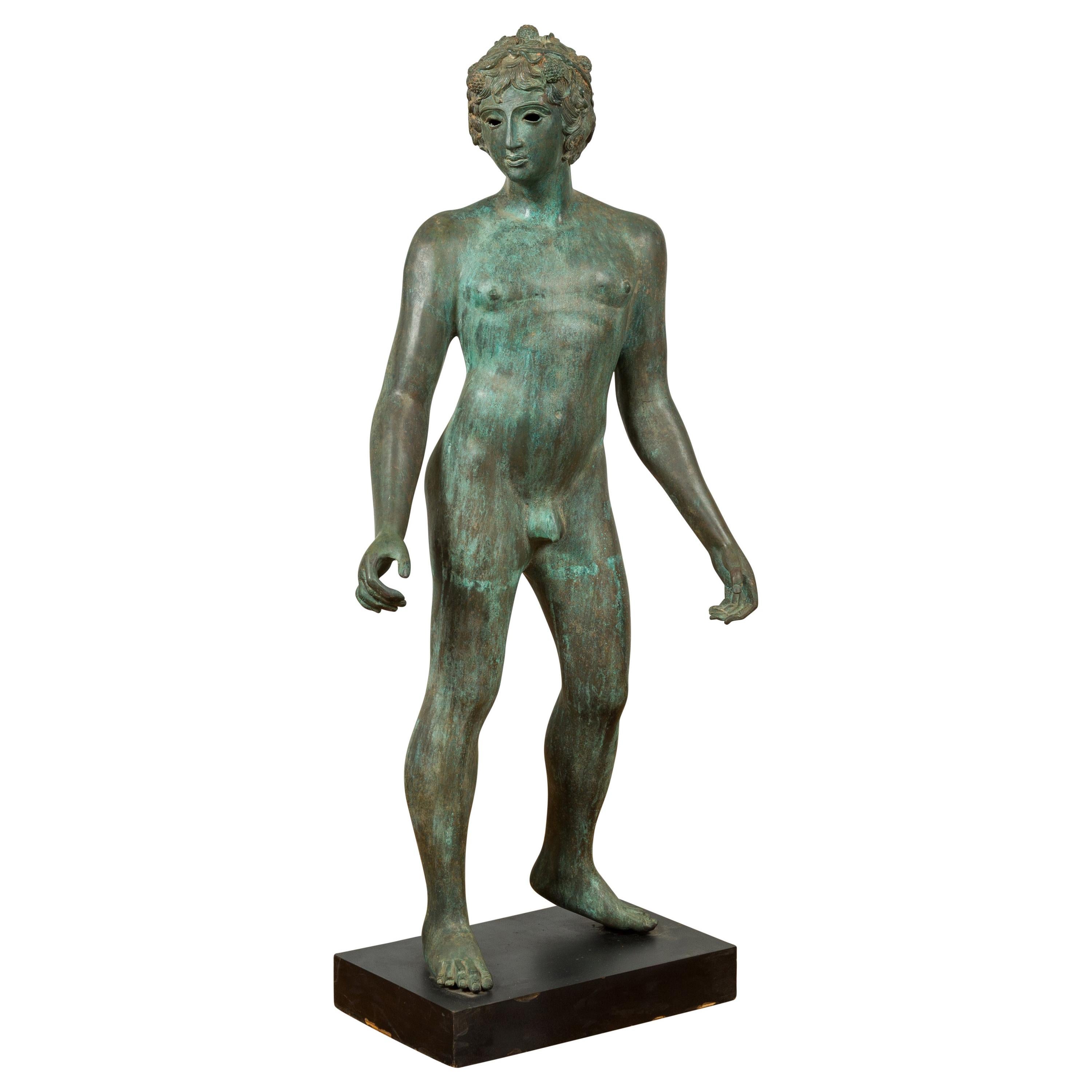 Greco Roman Style Vintage Verde Bronze Statue of a Male Nude with Grapes in Hair