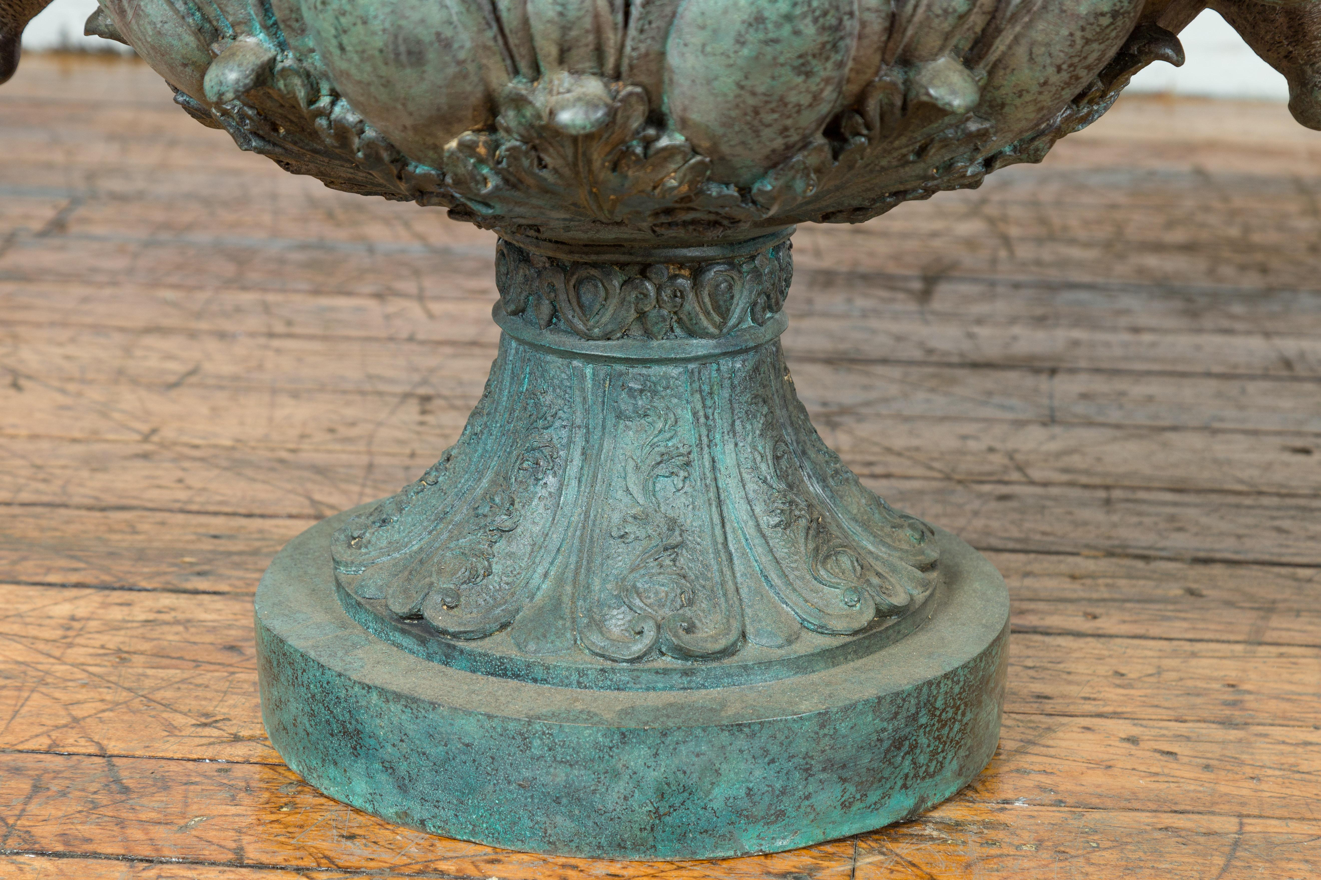 Greco Roman Style Vintage Verde Patina Bronze Urns with Rams' Heads, Sold Each 6