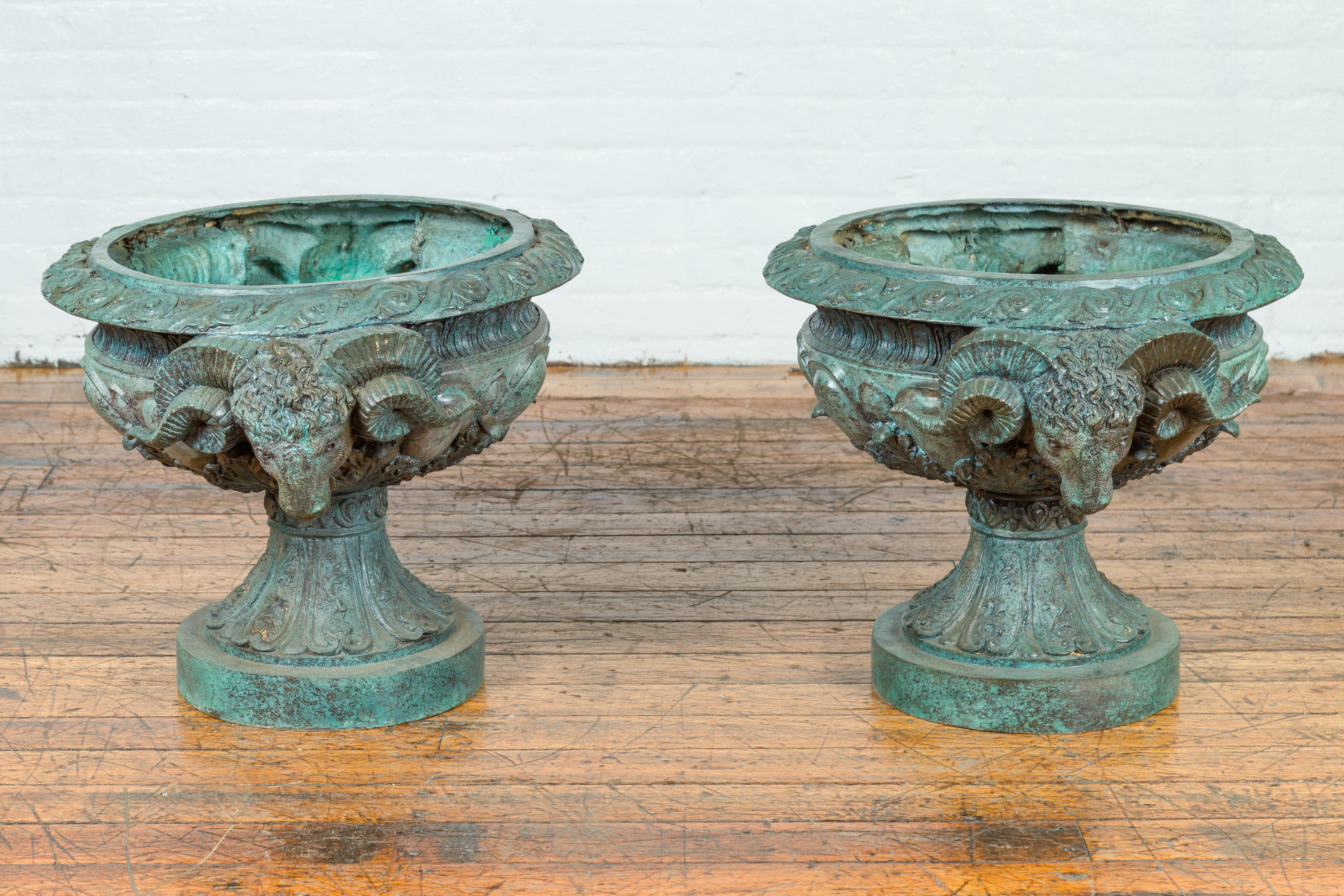 Greco Roman Style Vintage Verde Patina Bronze Urns with Rams' Heads, Sold Each 9